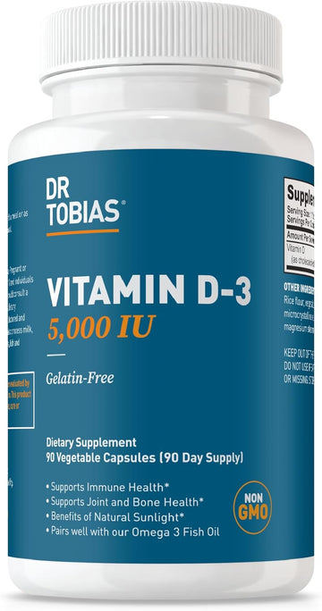 Dr. Tobias Vitamin D3 5000 IU 90 Capsules | Extra Strength Vitamin D | Bone, Teeth & Immune Support | 5,000 IU Vitamin D3 | Gelatin-Free & Non-GMO | 90 Servings