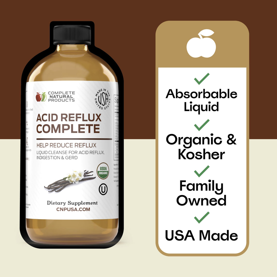 Bottle of 'Acid Reflux Complete' dietary supplement with a white label.