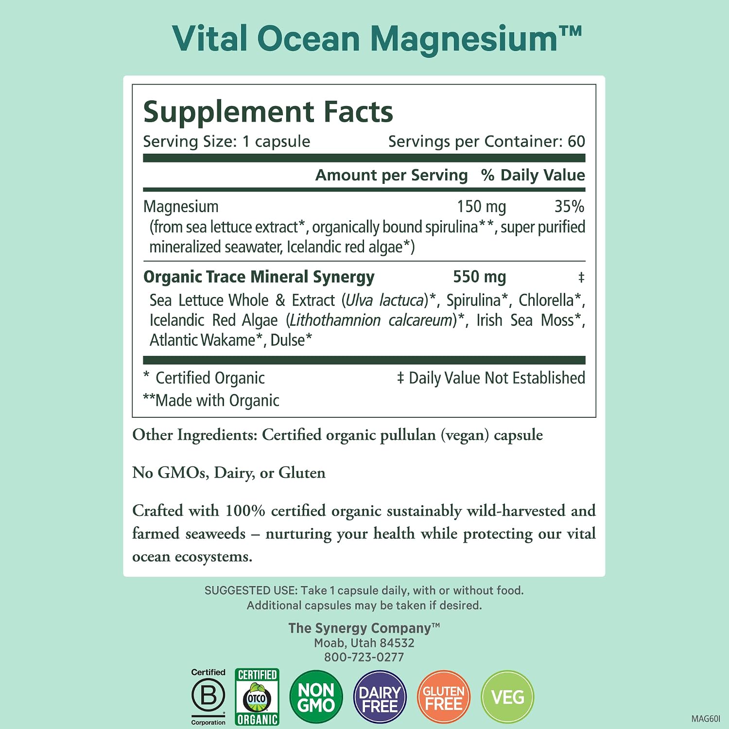 PURE SYNERGY Vital Ocean Magnesium | Organic Magnesium Supplement Capsules | Vegan, Seaweed-Based Complex with Spirulina, Chlorella, & Wakame | for Energy, Sleep, & Stress (60 Capsules)