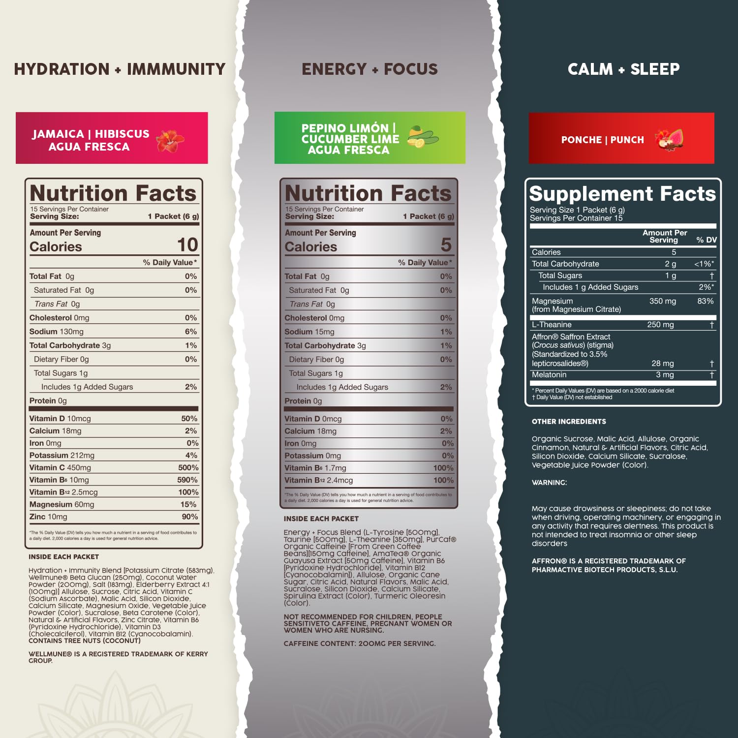 Salud Variety 3-Pack | 2-in-1 Calm + Sleep (Punch), Hydration + Immunity (Hibiscus) & Energy + Focus (Cucumber Lime) - 15 Servings Each, Drink Mix, Non-GMO, Gluten Free, Low Calorie, 1g of Sugar