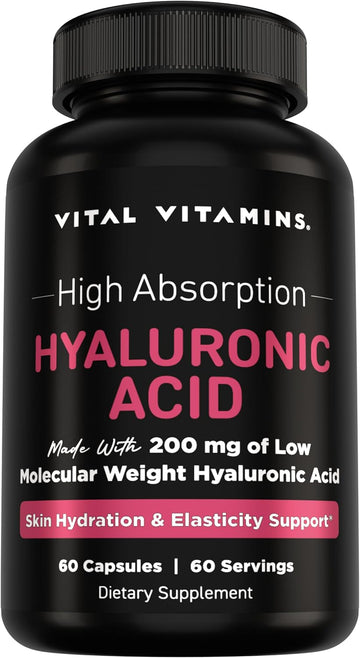 Vital Vitamins Hyaluronic Acid Supplements, 60 Capsules | 200mg Low Molecular Weight HA, Supports Skin Hydration, Elasticity & Joint Comfort, Vegan & Non-GMO