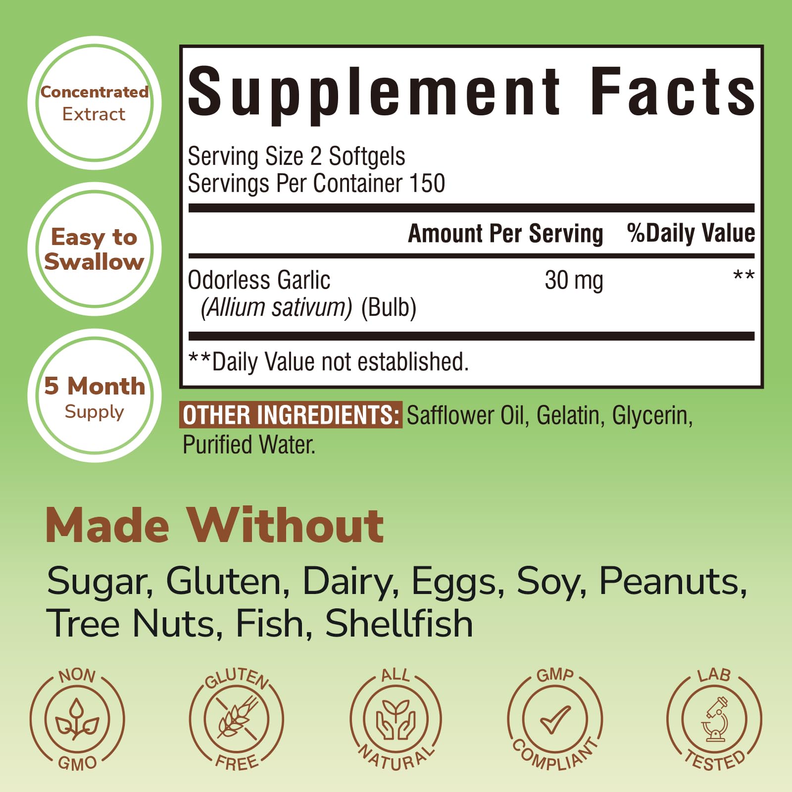 Odorless Garlic, Extra Strength Extract, Non-GMO, No Gluten, Heart & Immunity, Antioxidant Defense, 180 Softgels