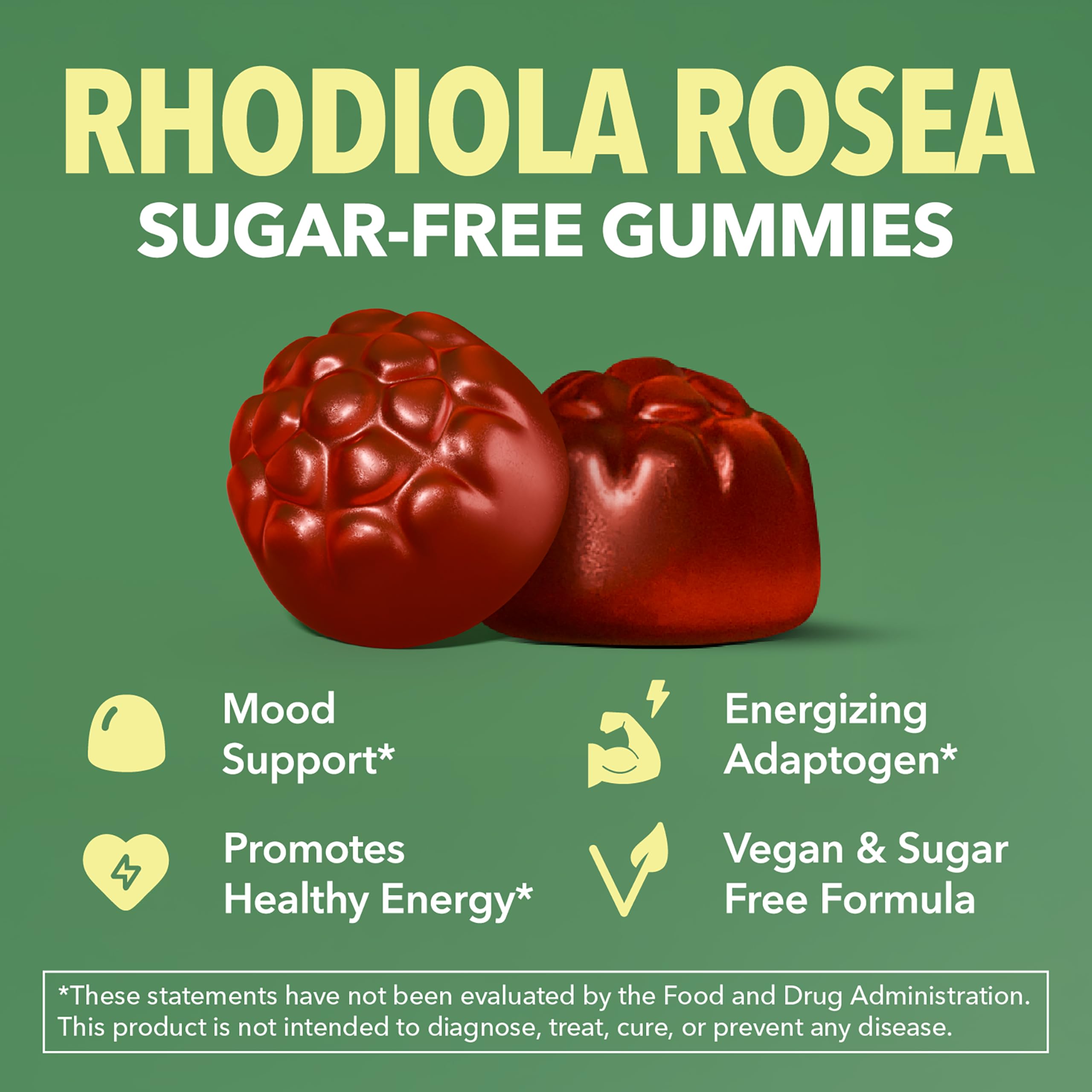 Rhodiola Rosea Gummies, Sugar Free Rhodiola Supplement, 30 Servings | Herbal Adaptogen for Mental Clarity and Performance, 60 Count, Vegan and Gluten-Free, Mixed Berry Flavor, 1-Month Supply