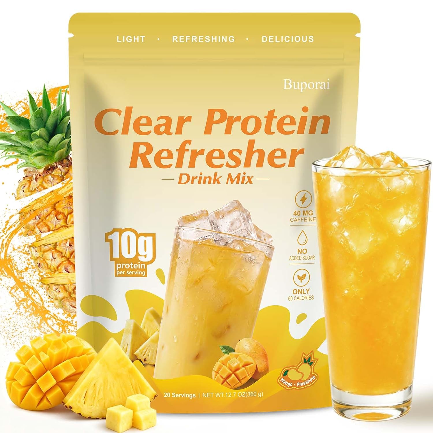 Clear Protein Refreshers Drink with Electrolytes Powder (Pineapple Mango) | Collagen Peptides, 0g of Sugar,40mg Caffeine