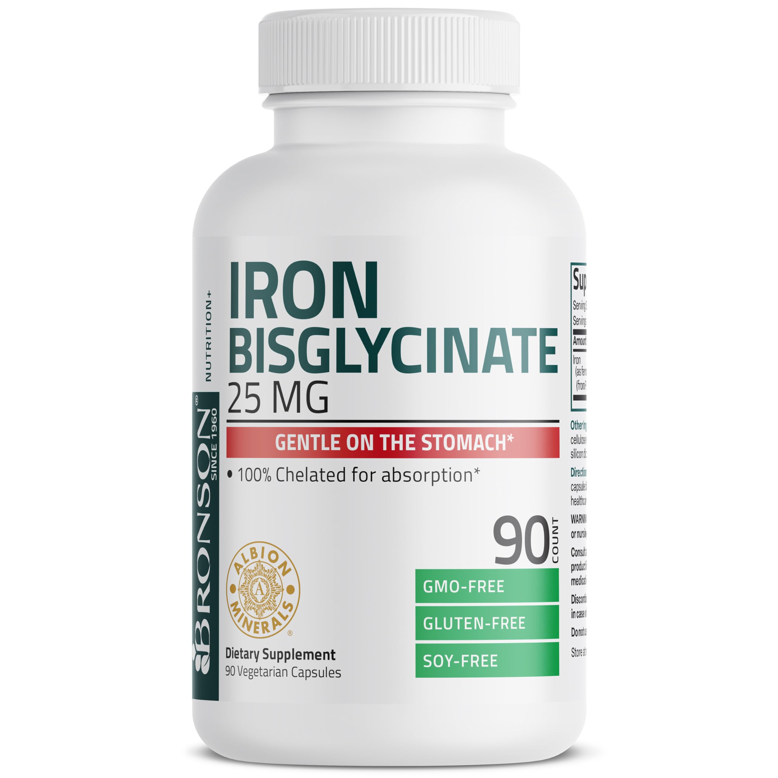 Bronson Iron Bisglycinate 25 mg Gentle on The Stomach, Supports Energy & Healthy Red Blood Cell Production - Non-Constipating Formula - Non GMO, 90 Vegetarian Capsules