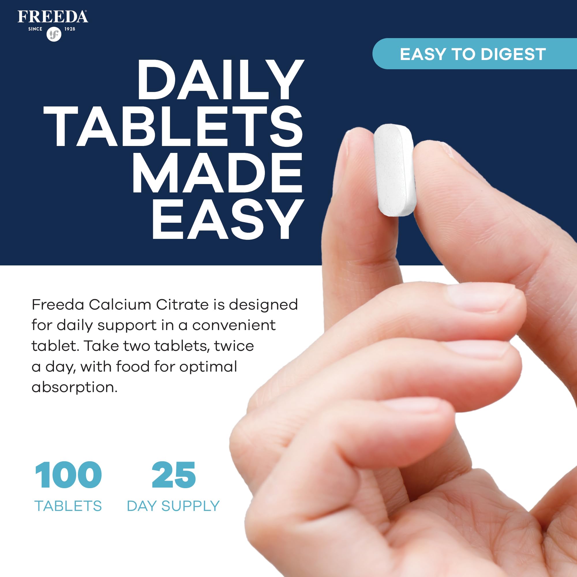 FREEDA Calcium Citrate 1000mg Supplement for Bone Support – 250 Tablets | Supports Bone Strength, Teeth, & Muscle Function – Highly Absorbable Calcium Formula – No Vit D, Vegan, Kosher, Made in USA