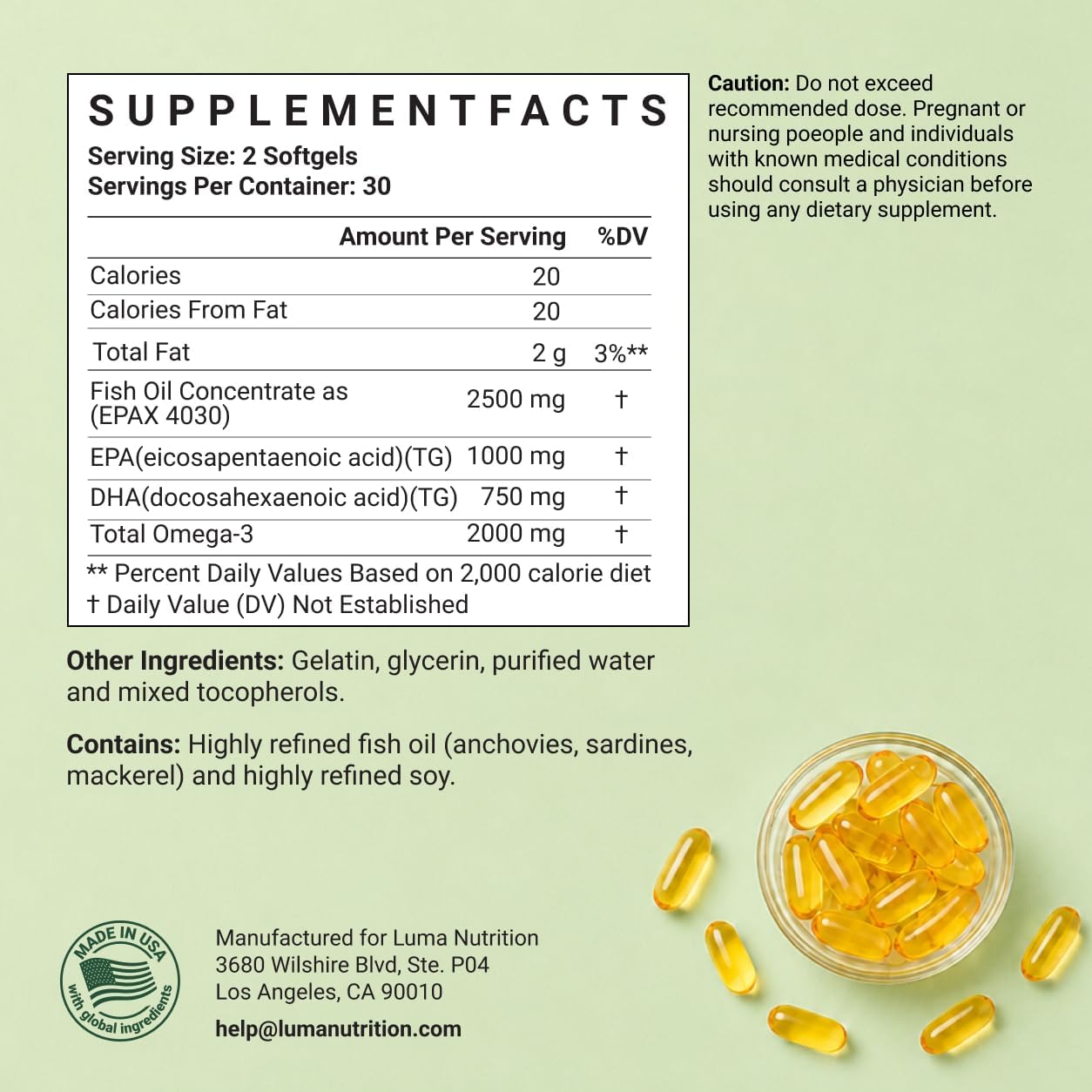 Luma Nutrition Omega 3 Fish Oil Supplement 2500mg - 60 Softgels
