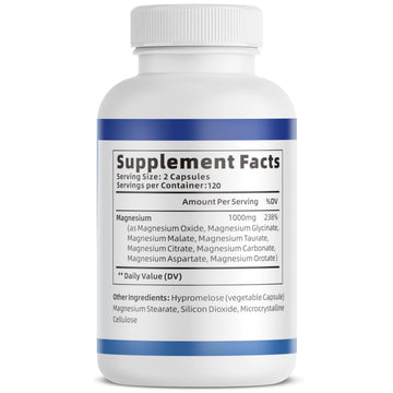 1000mg Magnesium Complex Capsules, 8-in-1 Magnesium Glycinate, Citrate, Malate, Taurate, Oxide, Carbonate, Aspartate, Orotate - 240 Capsules