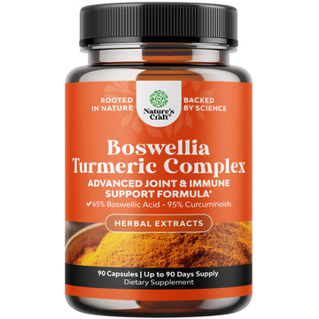 Bottle of Boswellia Turmeric Complex dietary supplement with orange label on a white background