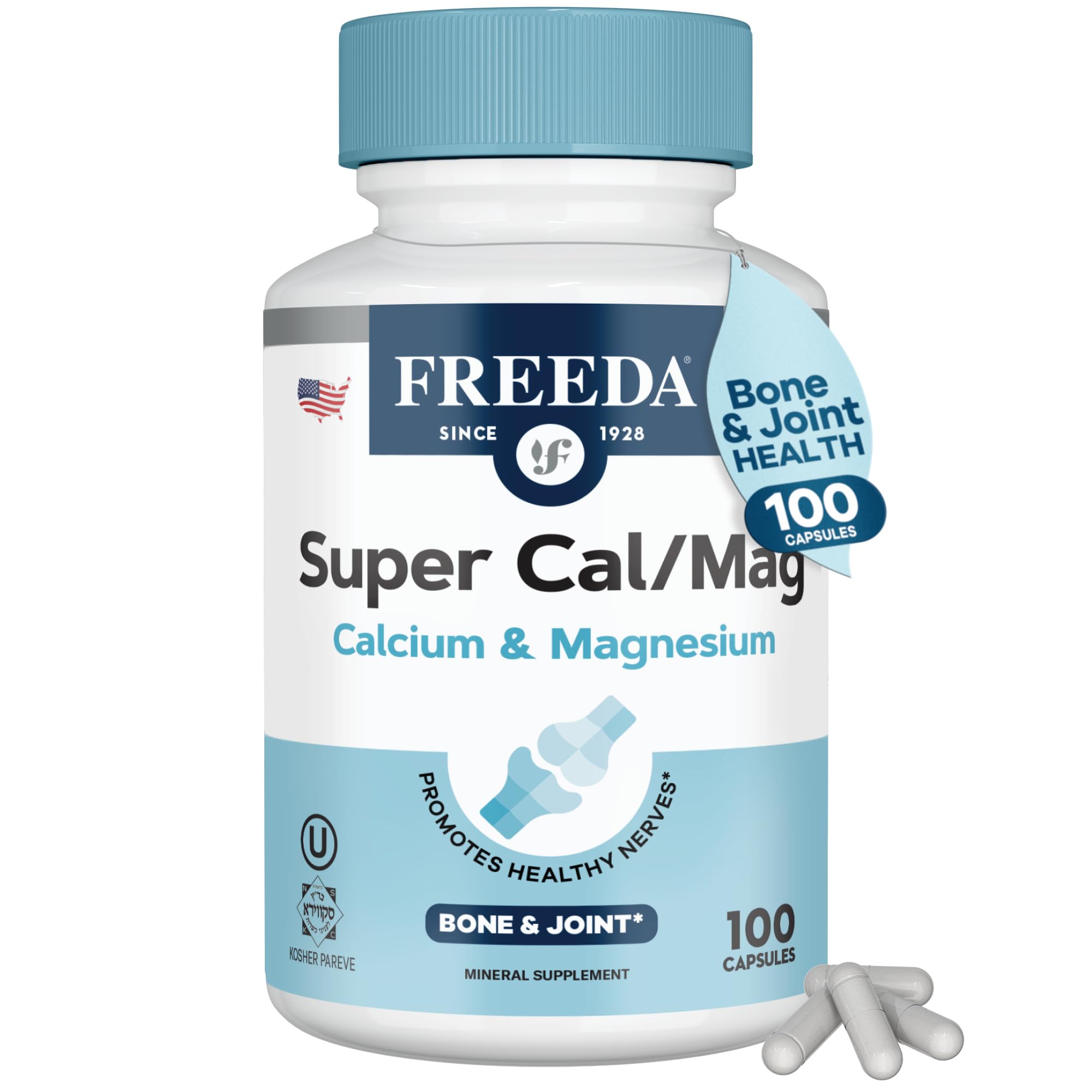 Freeda Calcium Magnesium 2:1 Supplement - 250 Capsules | Vegan Calcium & Magnesium Formula - Third-Party Tested - Support Bone Strength, Muscle Relaxation, and Healthy Nerve Function