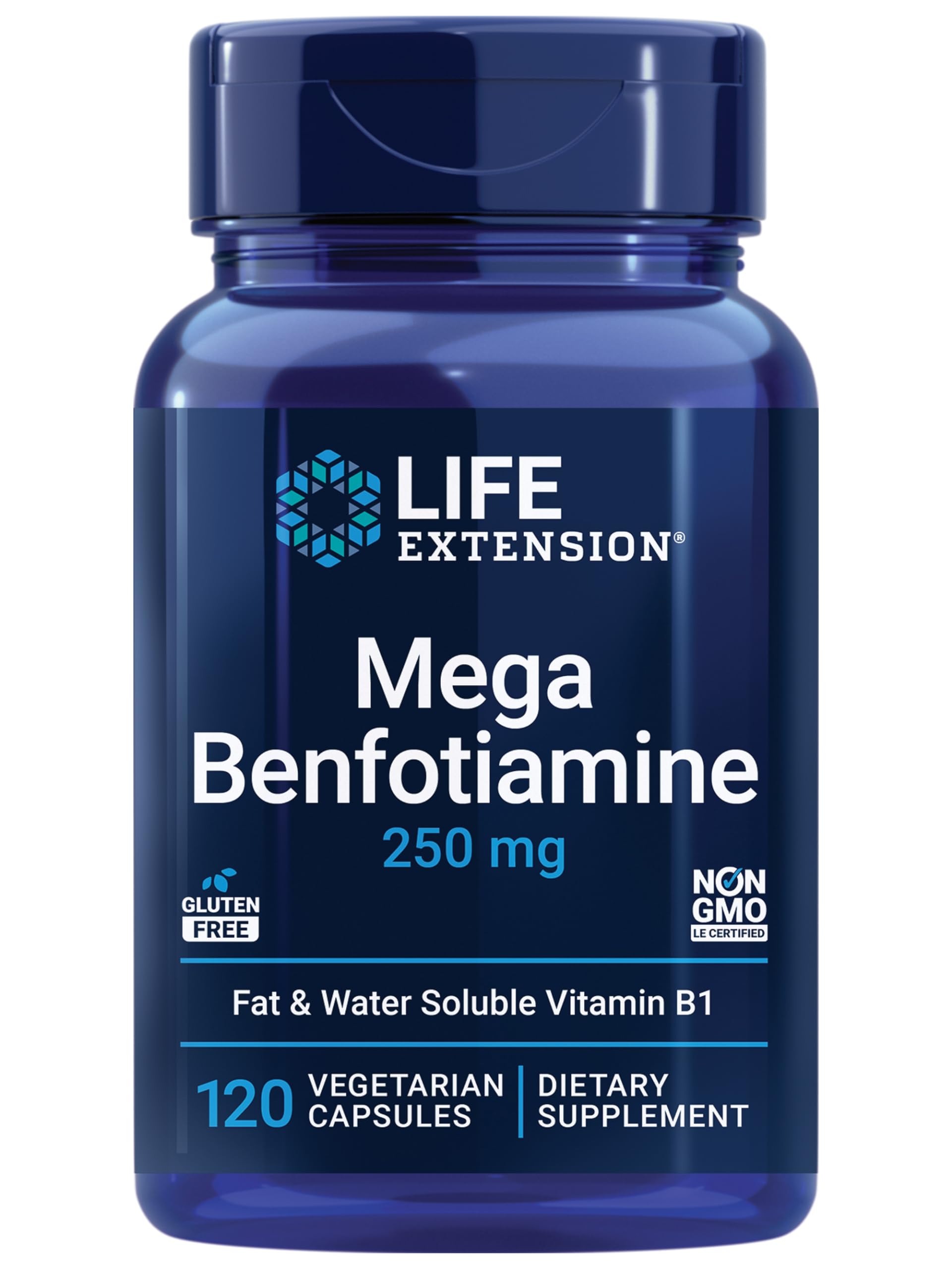 Life Extension Mega Benfotiamine 250 mg, 180 Vegetarian Capsules | 250 mg of benfotiamine and 10 mg of thiamine (vitamin B1) per capsule. Non-GMO, Gluten Free, Vegetarian.