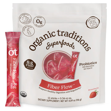 Organic Traditions Fiber Flow Variety Pack, Daily Fiber Supplement Sticks with Acacia, Chicory Root Inulin, One Billion CFU Probiotics, Mixed Flavors Strawberry Yuzu Lime Unflavoured, 12 Count