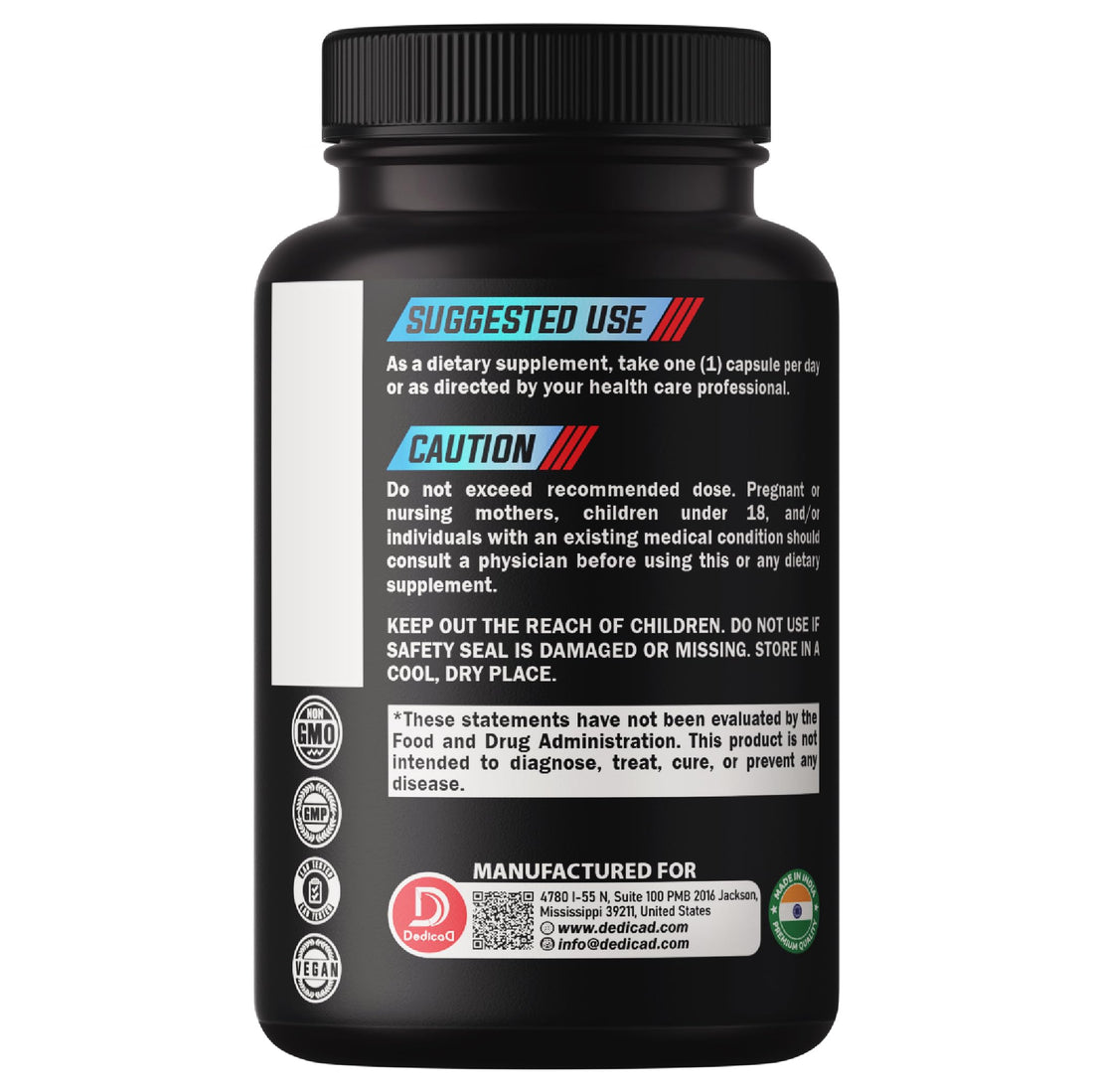 Black supplement bottle labeled 'Bilberry Grape Seed + Carrot' with Dedico branding on a white background.