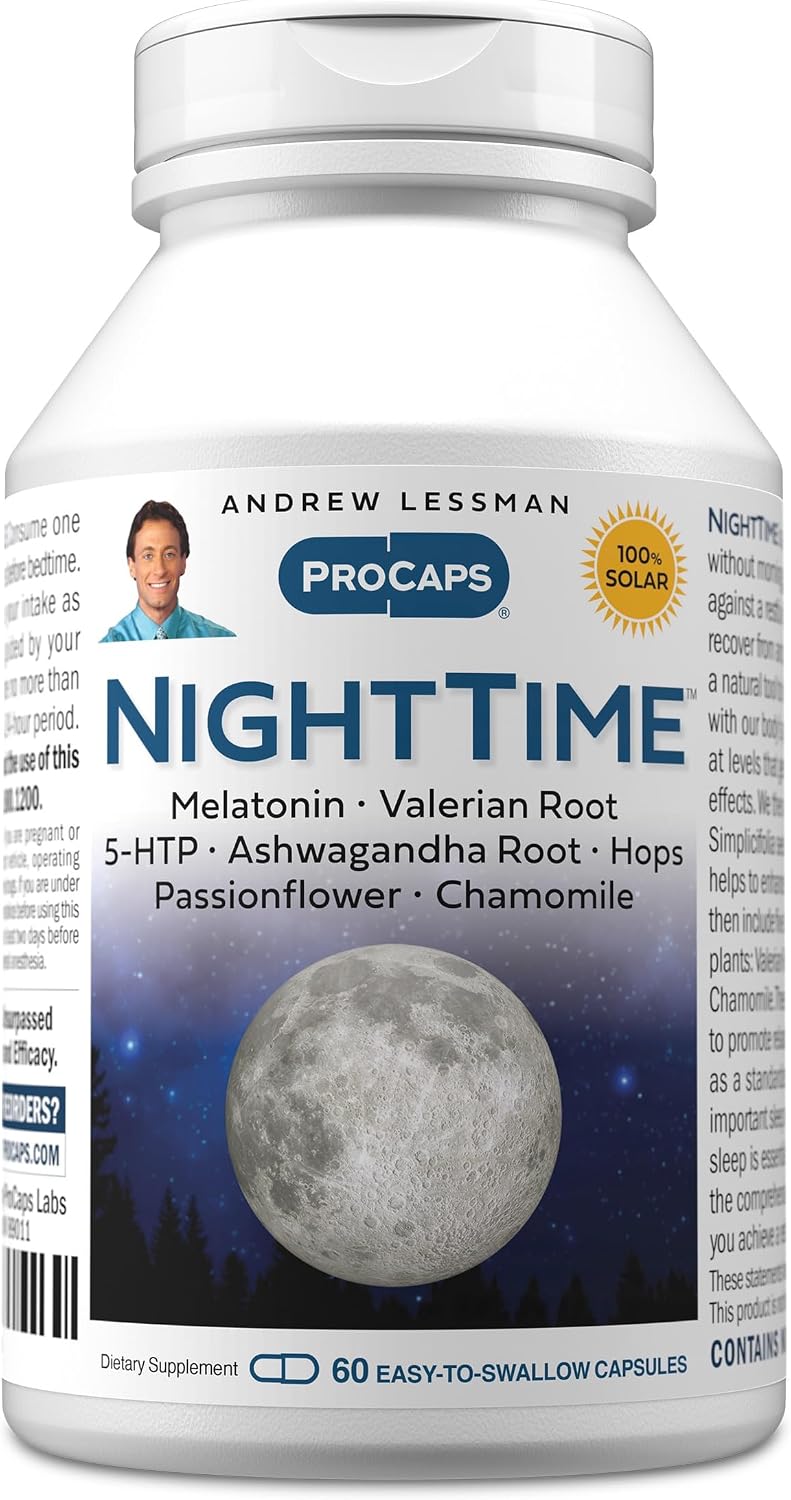 Andrew Lessman ProCaps Night Time Sleep Support 3mg Melatonin 60 Capsules | 3mg Melatonin with 5-HTP, Ashwagandha & five calming botanicals. Designed for restful sleep without morning grogginess.