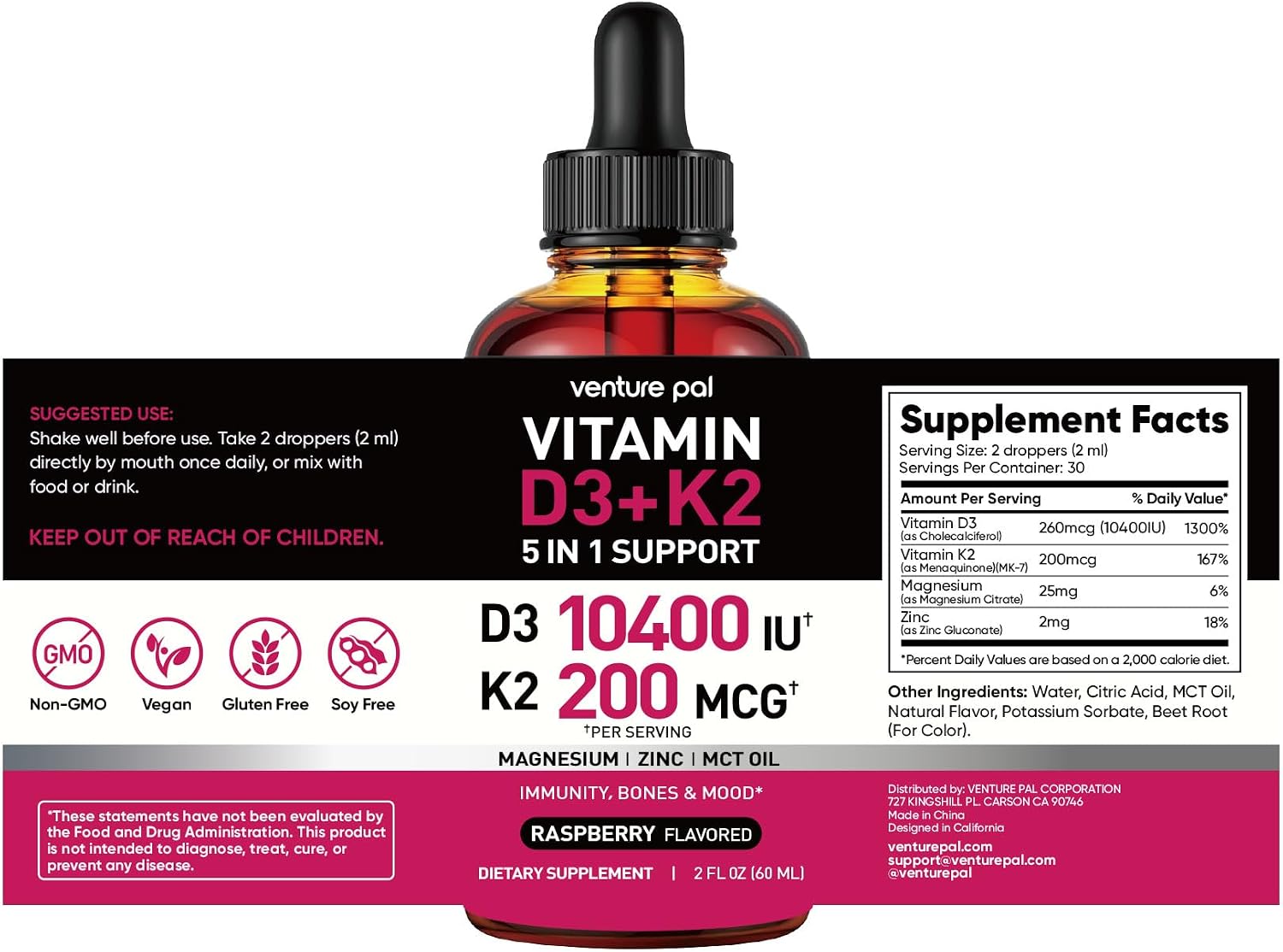 5-in-1 Vitamin D3 K2 Drops, Vitamin D3 10400 IU & K2(MK-7) 200mcg | With Magnesium, MCT Oil, Zinc, Maximum Absorption Vitamin D Liquid for Bone, Mood & Immune - Sugar Free | 2 FL OZ | 60 Days