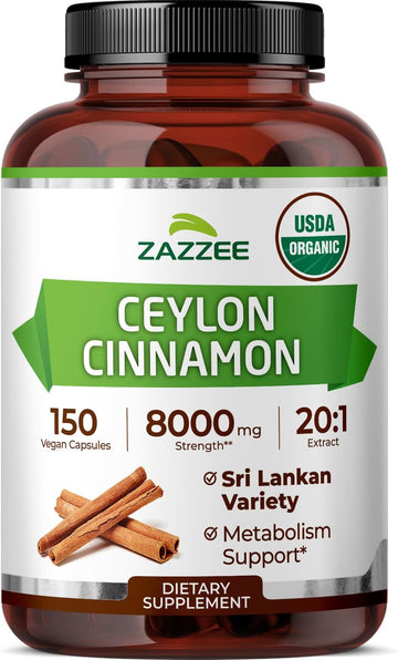 Zazzee USDA Organic Ceylon Cinnamon 20:1 Extract, 150 Vegan Capsules, 5 Month Supply, Sri Lankan Variety, Cinnamomum Verum, Antioxidant & Metabolic Support, All-Natural, Non-GMO, Made in the USA