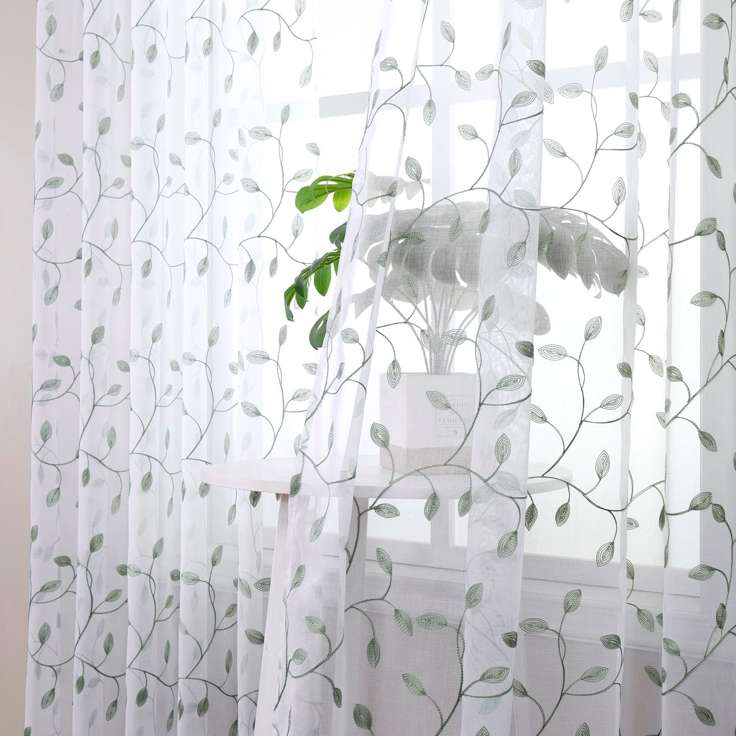 Tollpiz Leaves Short Sheer Curtains Sage Green Leaf Embroidery Bedroom Curtain Rod Pocket Voile Faux Linen Embroidered