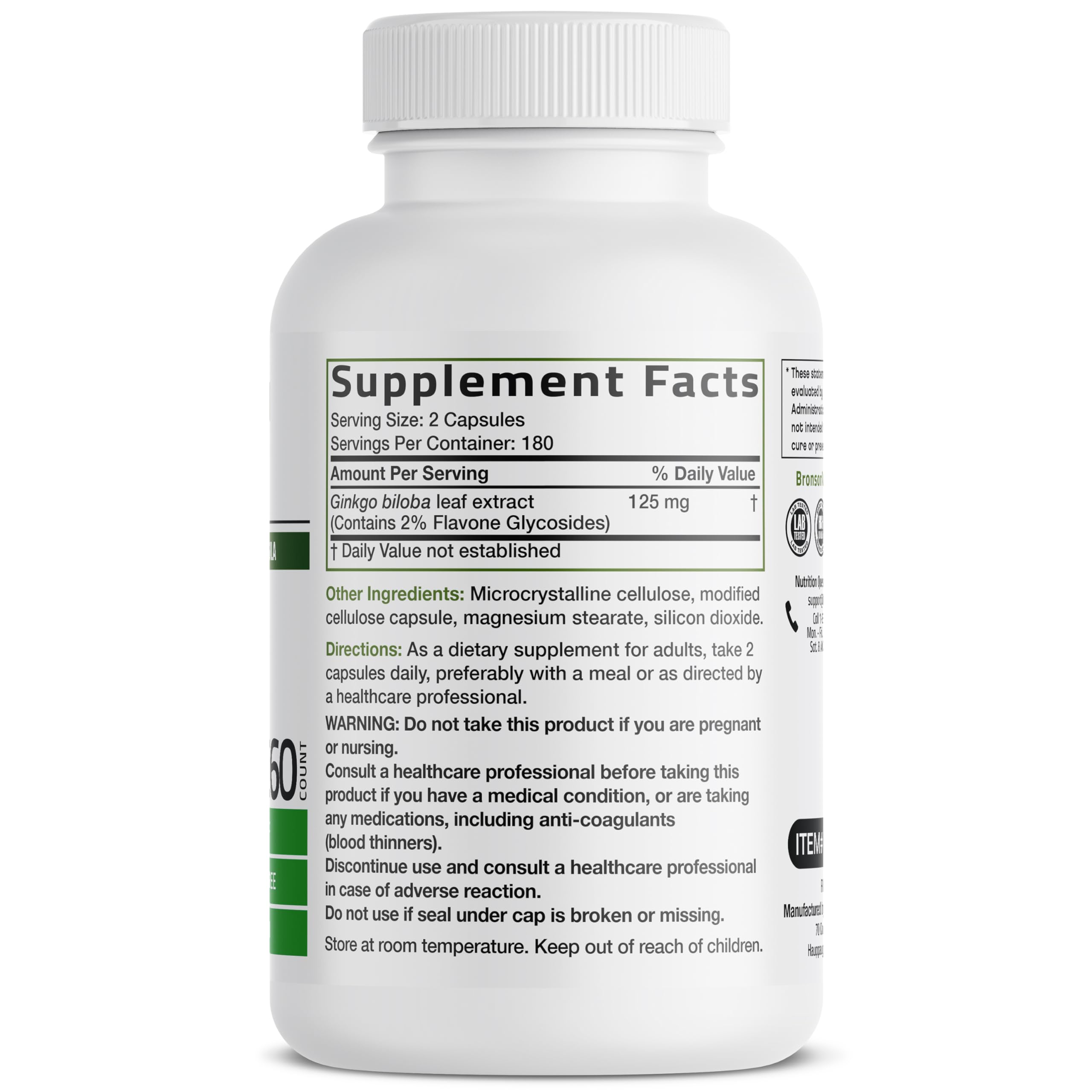 Bronson Ginkgo Biloba Extra Strength Brain & Memory Support 120 Capsules | Vegetarian, Non-GMO, Gluten Free, Soy Free, Memory, Cognitive & Brain Health Support