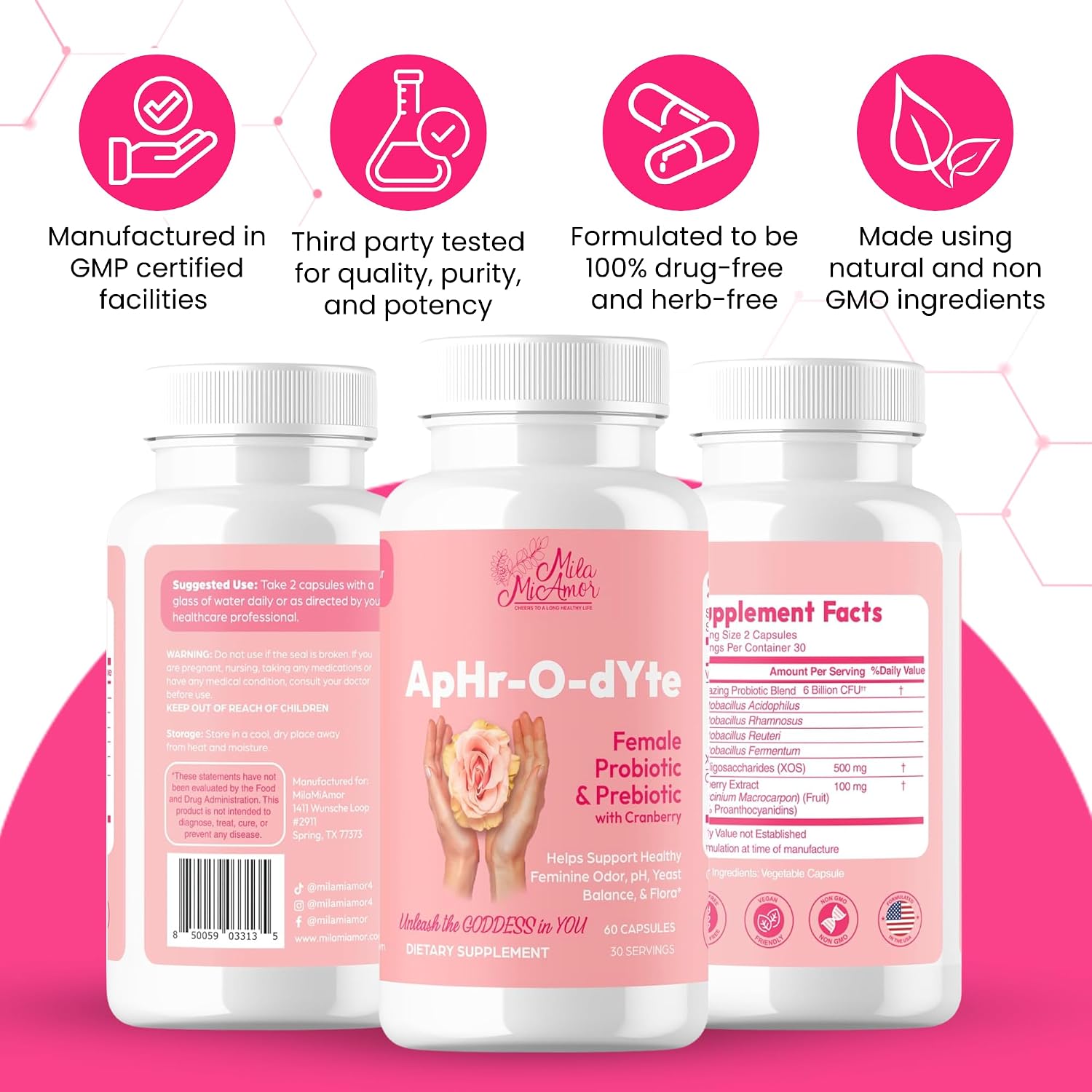 Mila Miamor ApHr-O-dYte Women’s Probiotic and Prebiotic with Cranberry - Gluten-Free, Non-GMO Supplement for Feminine Health, pH Balance, Odor Control, Urinary Tract - 60 Capsules