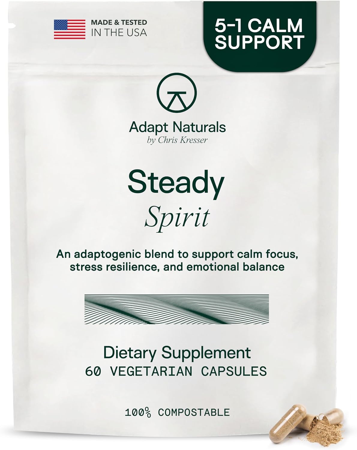 Adapt Naturals Steady Spirit Stress, Moddy & Resilience Support Supplement | Clinically Studied Saffron, Ashwagandha, L-Theanine, Lemon Balm & Holy Basil - Adaptogen Blend for Calm Focus - 30 Day Supply