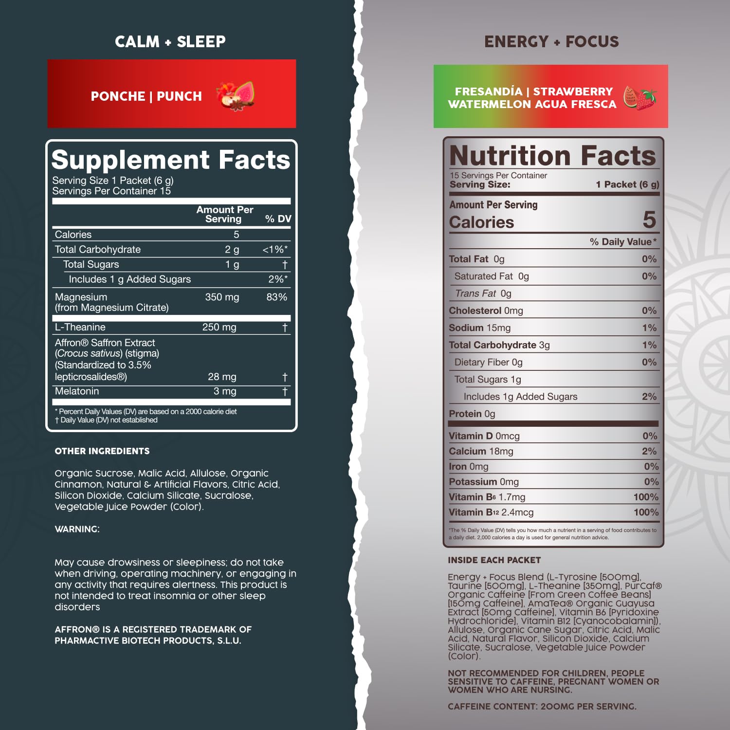 Salud 2-Pack | 2-in-1 Calm + Sleep (Punch) & Energy + Focus (Strawberry Watermelon) – 15 Servings Each, Drink Mix, Dairy & Soy Free, Non-GMO, Gluten Free, Vegan, Low Calorie, 1g of Sugar