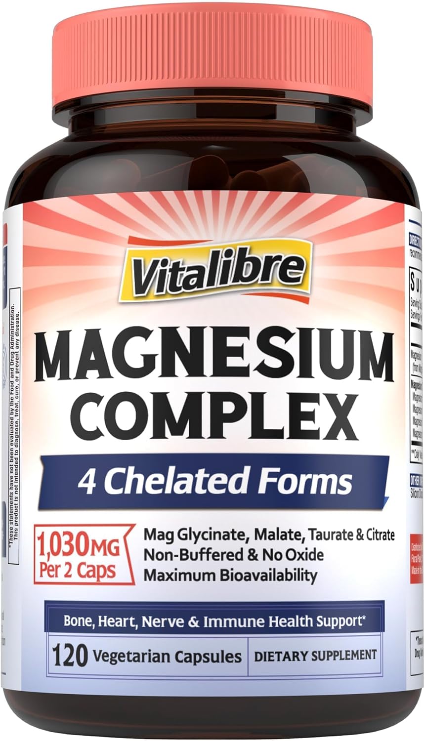 Vitalibre Magnesium Complex Supplement, 4 in 1 Maximized Absorption Chelated Magnesium Glycinate Malate, Taurate & Citrate, Non-Buffered, Bone, Heart, Nerve & Immune Support, 120 Vegan Capsules