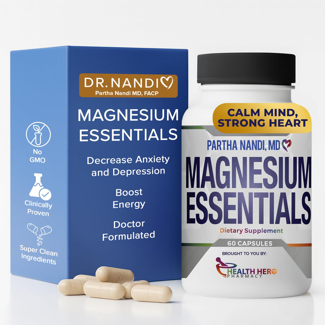 Supplement bottle labeled 'Magnesium Essentials' by Partha Nandi, MD on a white background.