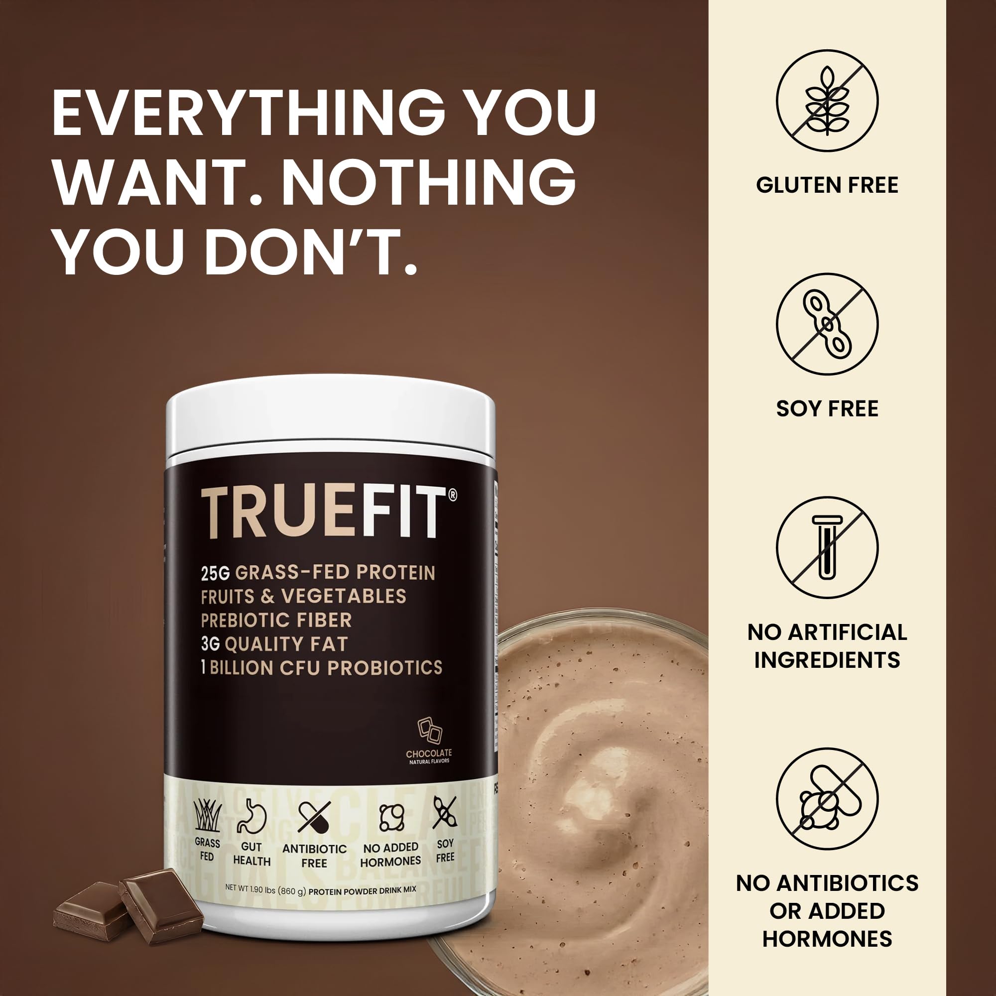 TrueFit Grass-Fed Whey Protein Powder + Fiber & Probiotics, Vanilla Shake | 25g Gut Healthy Protein with Fiber, Probiotics & Non-GMO Superfoods for Complete Meal Replacement Shake with Nothing Fake