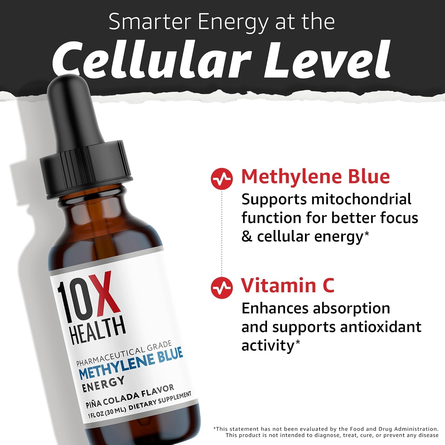 10X Health Methylene Blue Drops - 30ml Drops | Focus Support Supplement: With Black Pepper Extract, Energy Support, Vegan, Non-GMO, 30ml