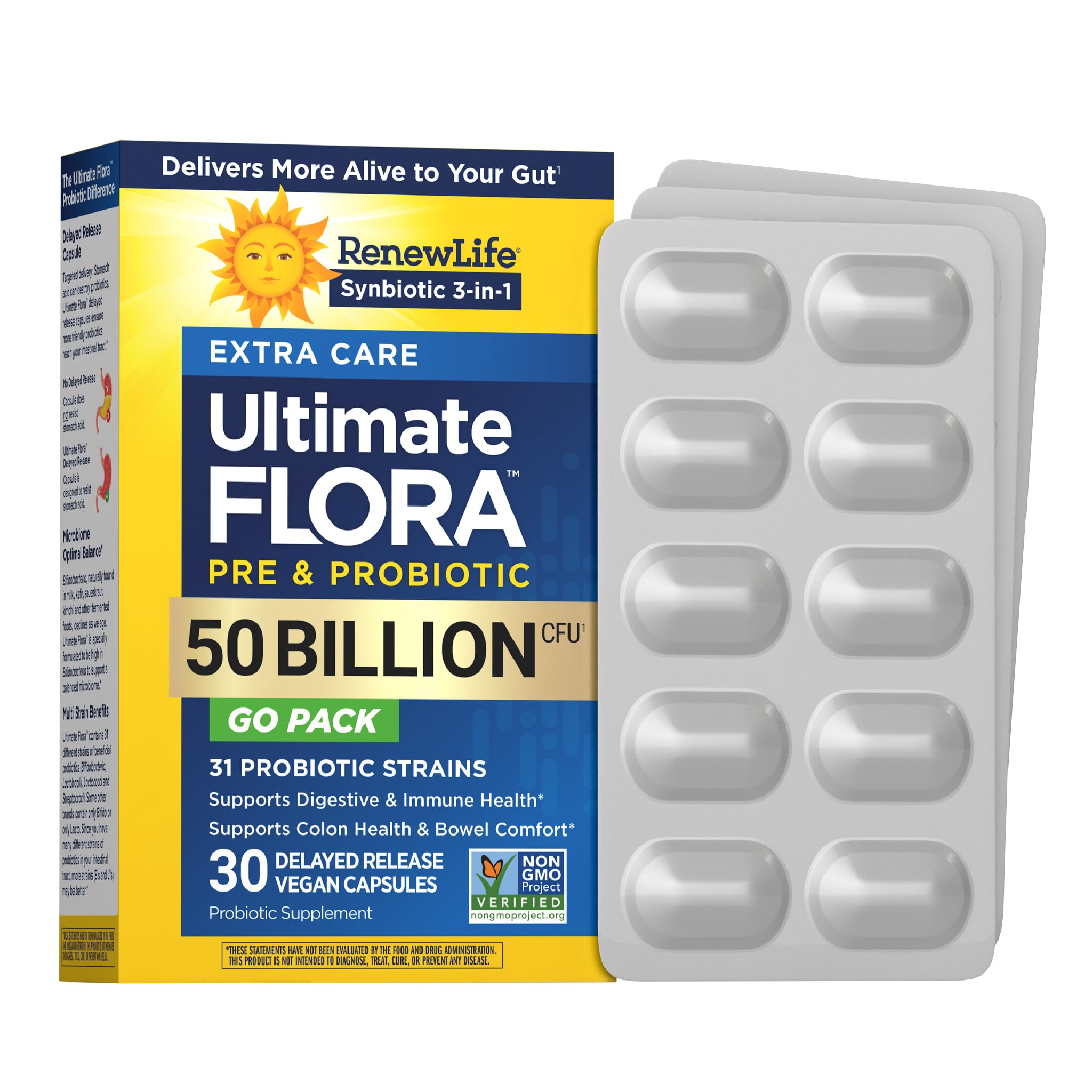 Renew Life Extra Care Digestive Probiotic 50 Billion CFU | 90 Vegetarian Capsules | Supports Digestive, Immune & Respiratory Health | Dairy, Soy and Gluten Free Supplement