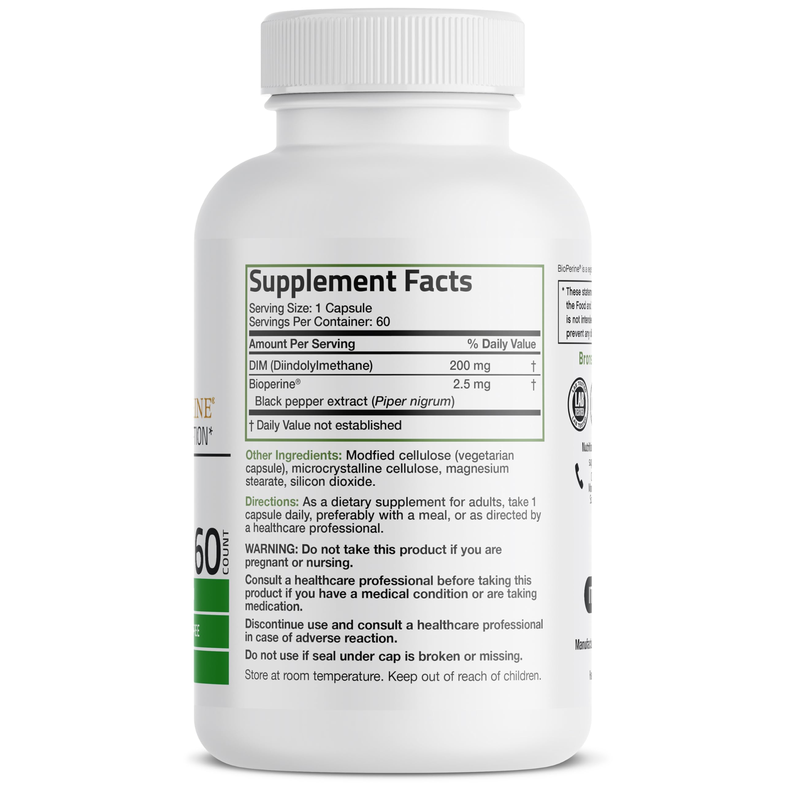 Bronson DIM 200 MG Supplement Diindolymethane with BioPerine for Enhanced Absorption, Estrogen Metabolism & Maintains Balanced Hormone Levels, 60 Vegetarian Capsules