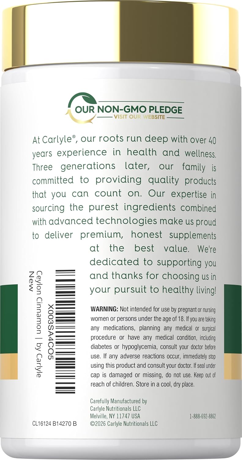 Carlyle Ceylon Cinnamon Capsules | 120 Count | Non-GMO & Gluten Free Supplement