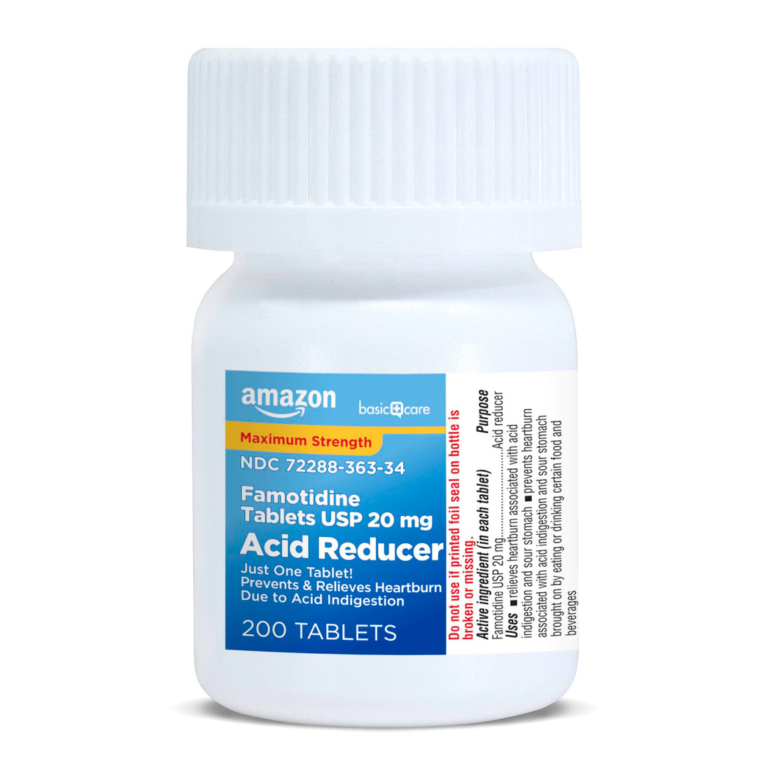 Box of Amazon Basic Care Acid Reducer Tablets on a white background
