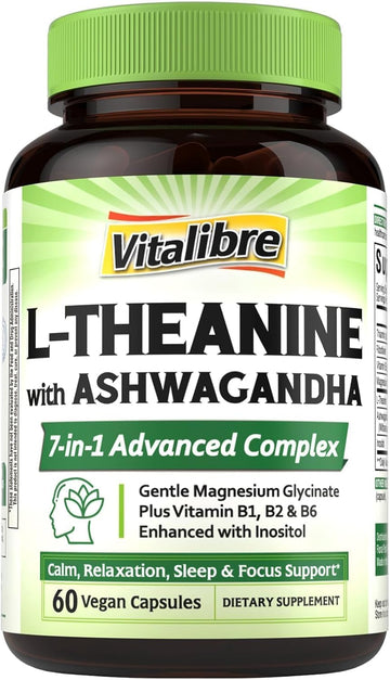 Vitalibre L Theanine Supplement 200mg | 7 in 1 L-Theanine with Magnesium Glycinate, Ashwagandha, Inositol, Vitamin B1 B2 B6 | No Gluten, for Calm, Relaxation, Sleep & Focus Support, 60 Vegan Caps