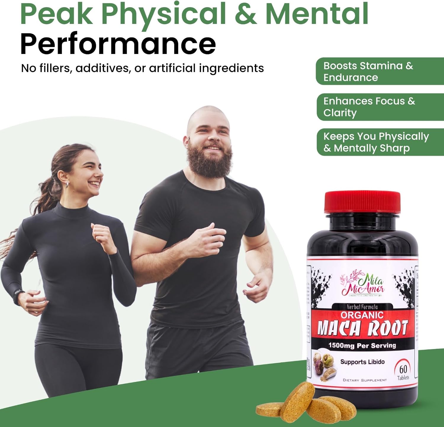 Organic Maca Root Extract 1500 mg, Peak Performance for Men & Women, Sustained Energy & Hormone Support with Black Pepper, Non-GMO, 60 Tablets, US-Made