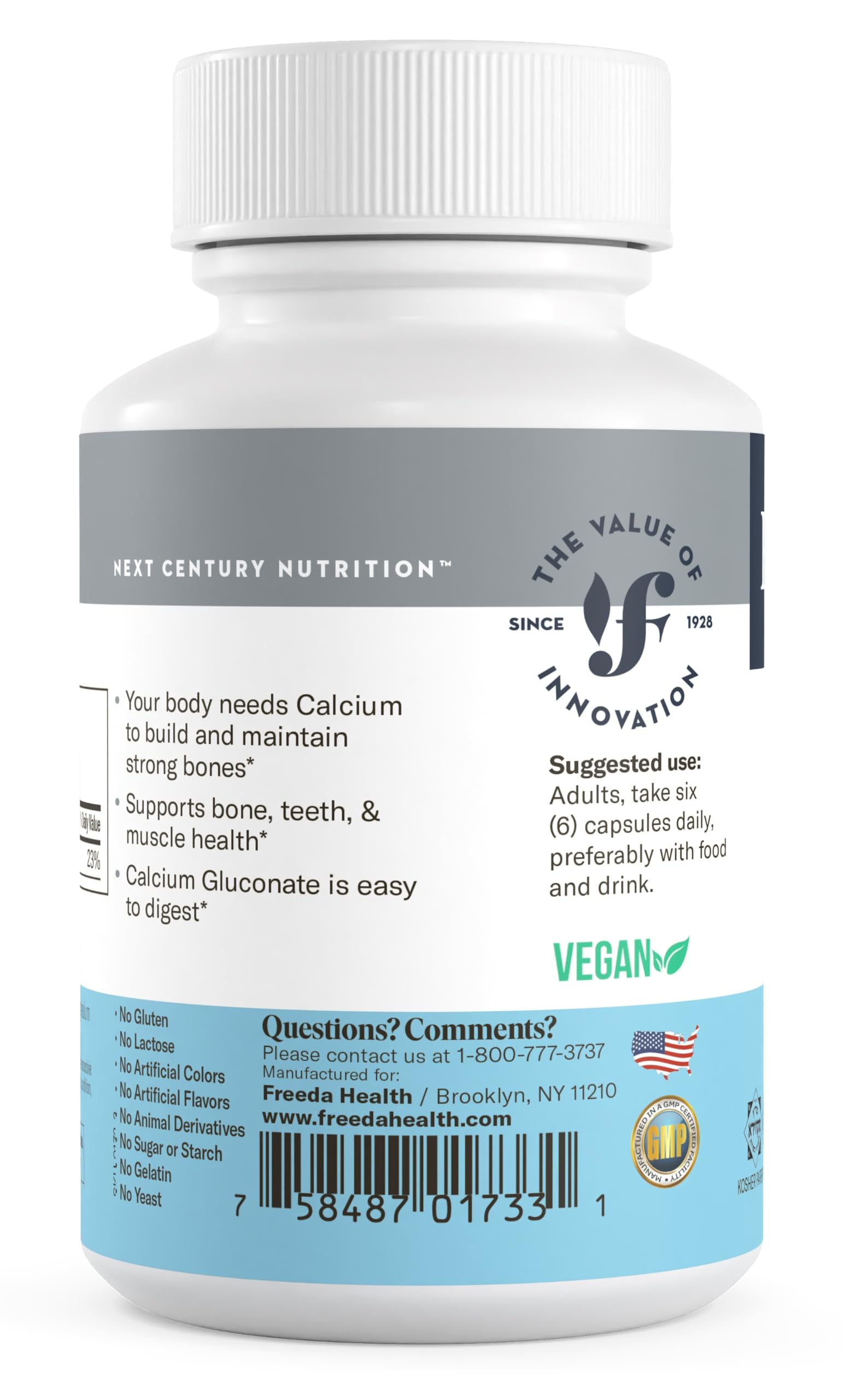 FREEDA Calcium Gluconate Supplement for Bone & Joint Support – 100 Capsules | Supports Teeth & Muscle Health – Pure Calcium w/o Vitamin D – Gentle on Stomach, Easy-to-Digest, Kosher, Vegan, Made in USA
