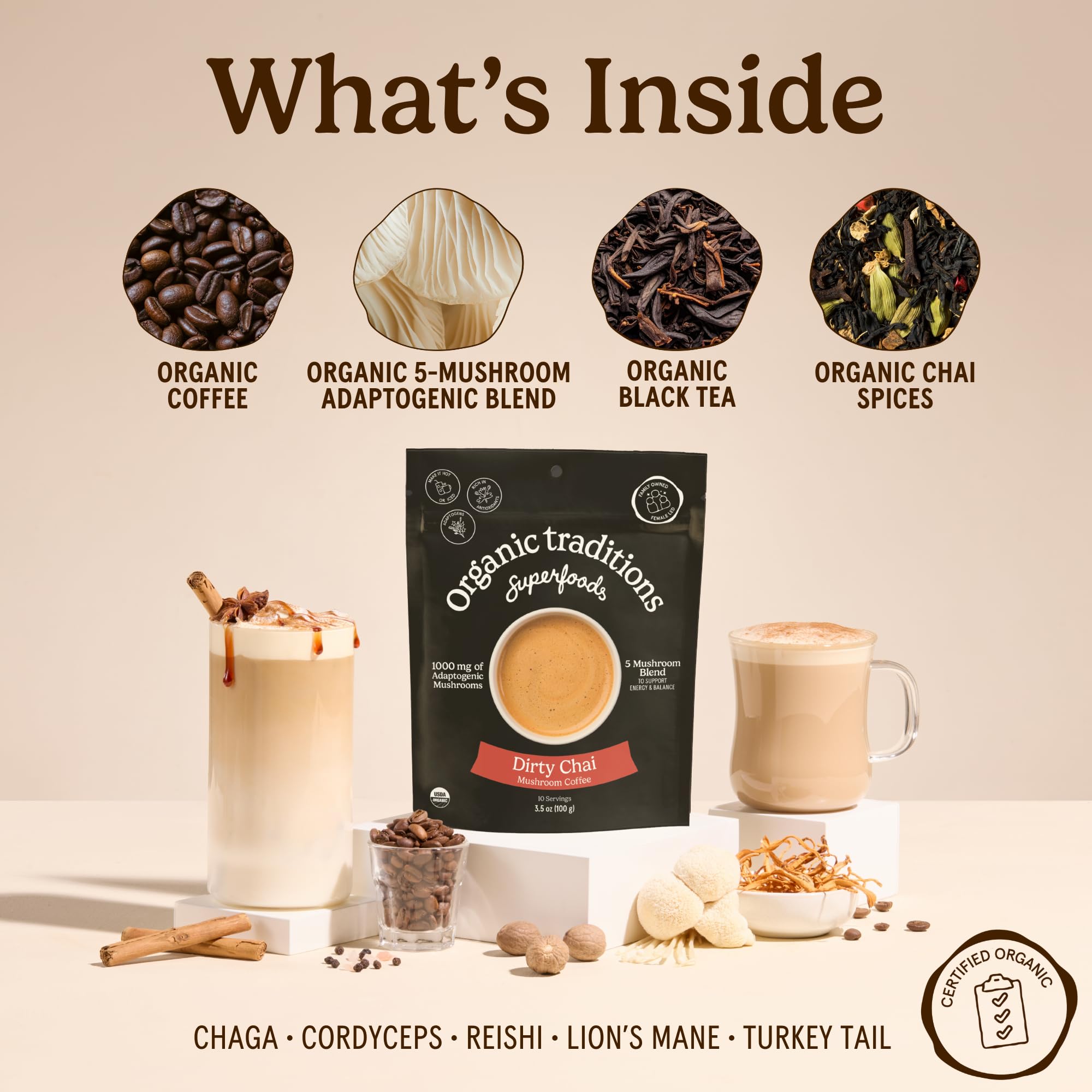 Organic Traditions Mind Fuel Instant Mushroom Coffee Alternative, Caffeine Free Lion’s Mane and Maca Herbal Drink with Dandelion, Chicory, Roasted Grain Blend, Natural Focus Support, 140g / 5oz