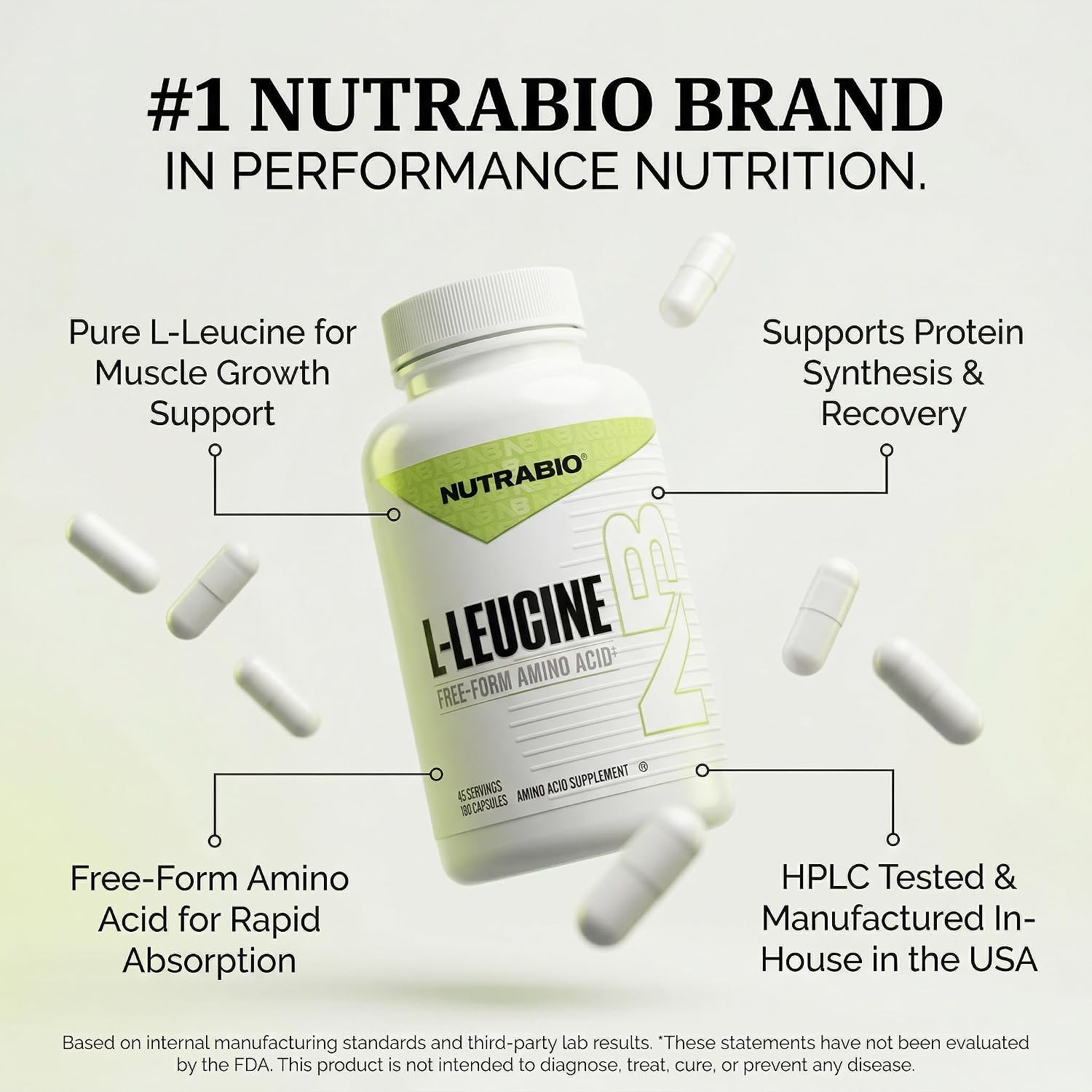 NutraBio L-Leucine Supplement - Optimal Amino Acid for Muscle Growth & Recovery - Naturally Fermented Free Form Leucine Amino Acids Supplement- Vegan, Non-GMO, Gluten Free - 400mg, 180 Capsules
