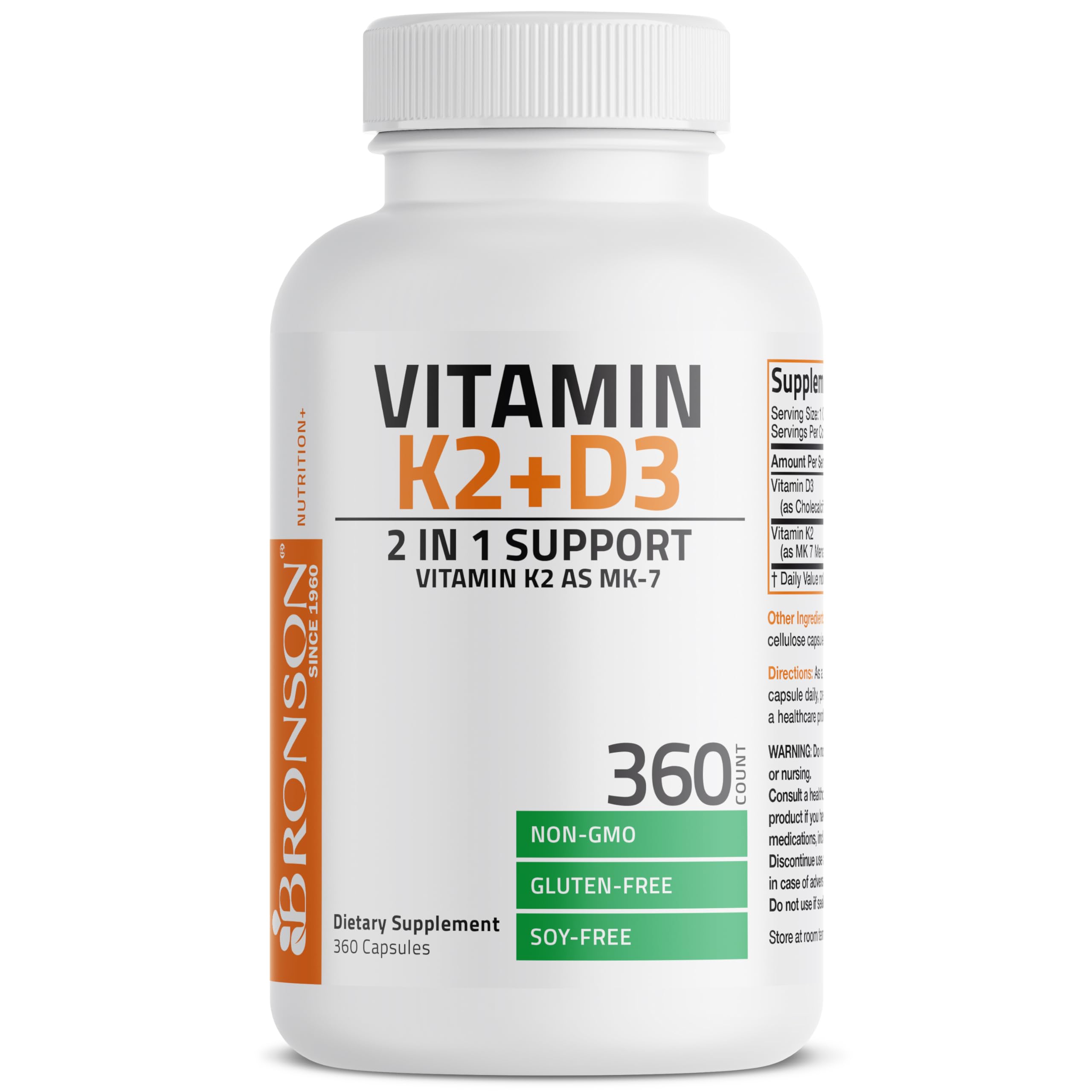 Bronson Vitamin K2 D3 (MK7) Supplement 2-in1 D3 & K2 Complex, 60 Capsules | Bone, Immune & Heart Health Support, Gluten Free, Soy Free, Non-GMO, Vitamin D3 5000IU (125 mcg) & 90 mcg K2 MK-7