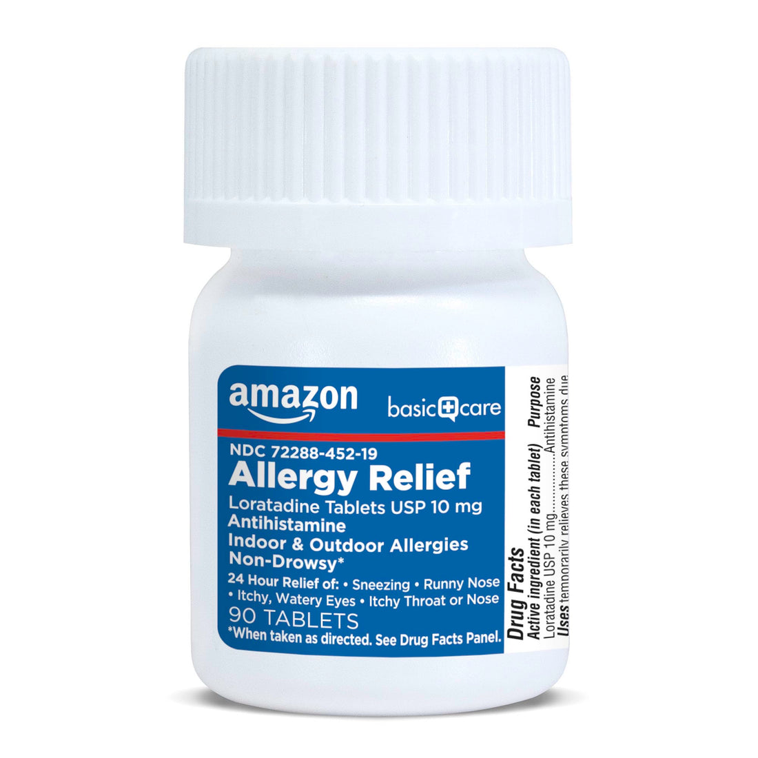 Amazon Basic Care Allergy Relief medication box on a white background