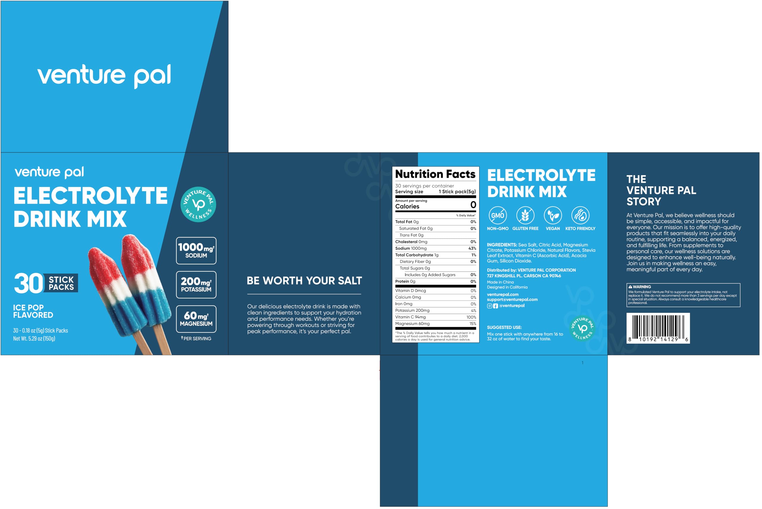 Venture Pal High Sodium Sugar-Free Electrolytes Powder Packets, 16 Sticks | Hydration Packets with Sodium, Potassium & Magnesium, Zero Calories, Keto, Vegan, and Paleo Friendly