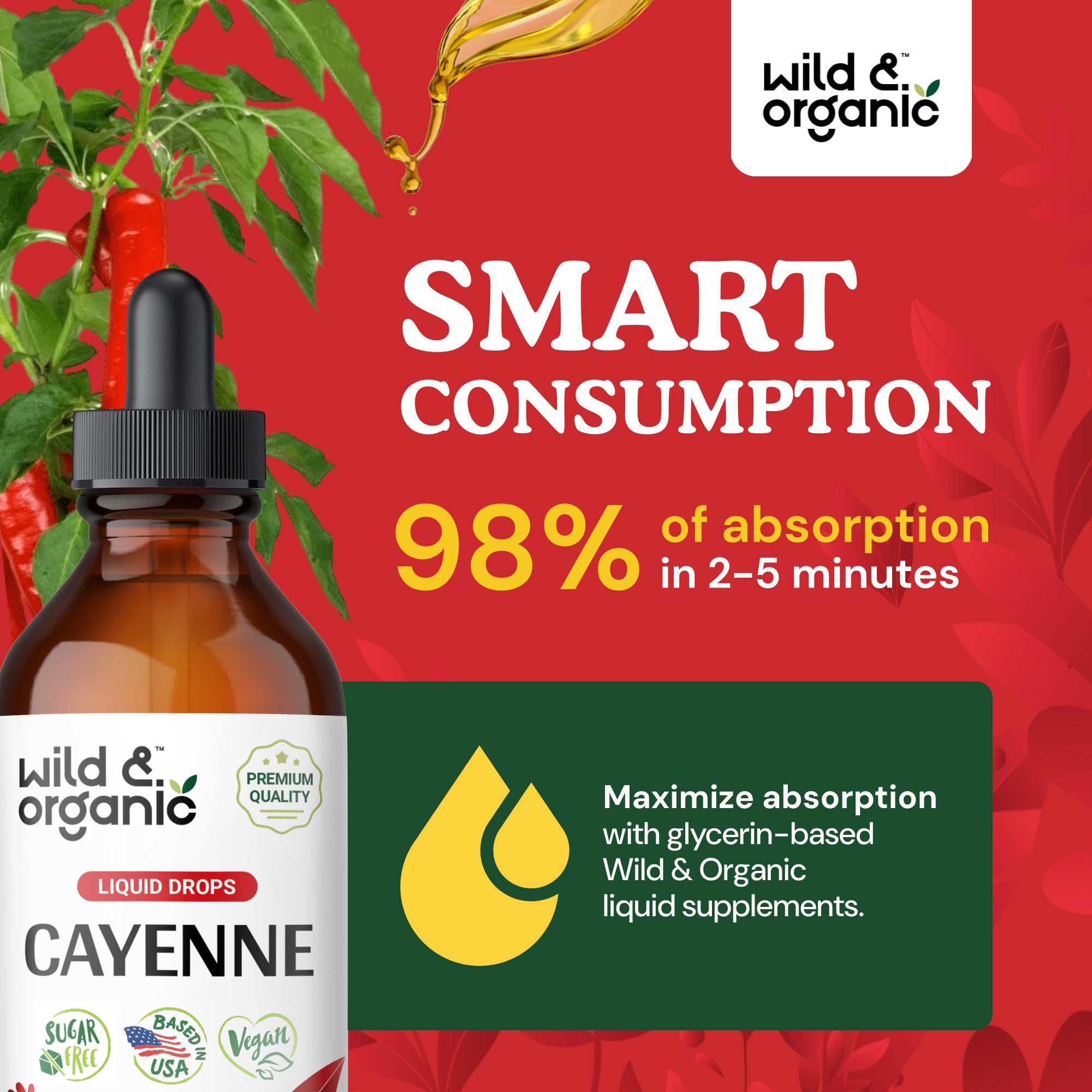 Wild & Organic Cayenne Pepper Drops - Antioxidant & Digestive Support - Capsaicin Supplements - Fast Absorbing Liquid Cayenne Pepper Extract Tincture - No Spicy Aftertaste, Alcohol-Free - 4 fl oz
