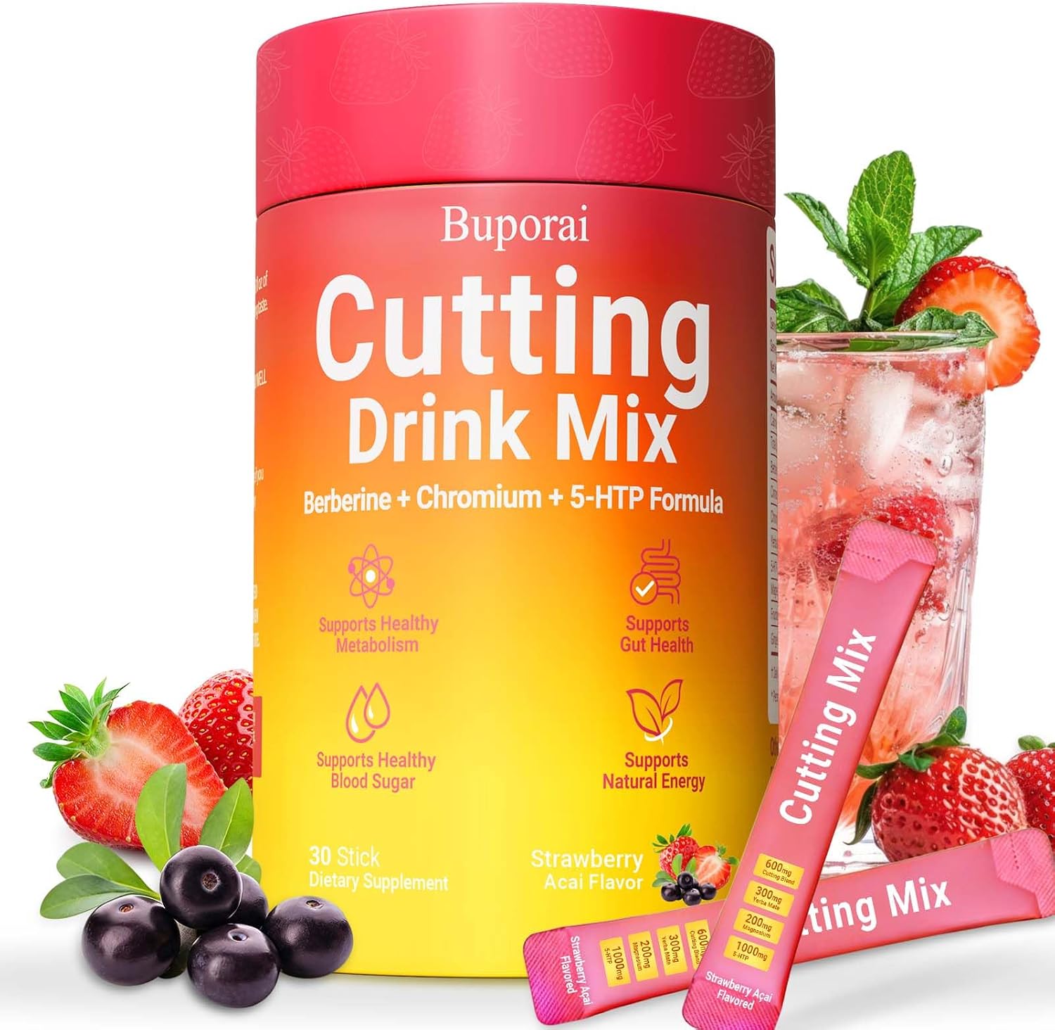 Cutting Mix, Cutting Drink Mix, Berberine, Chromium, FOS, Yerba Mate | & 5-HTP, Energy & Gut Health, Metabolic Support, Vegan, Sugar-Free, Non-GMO, 30 Stick Packs