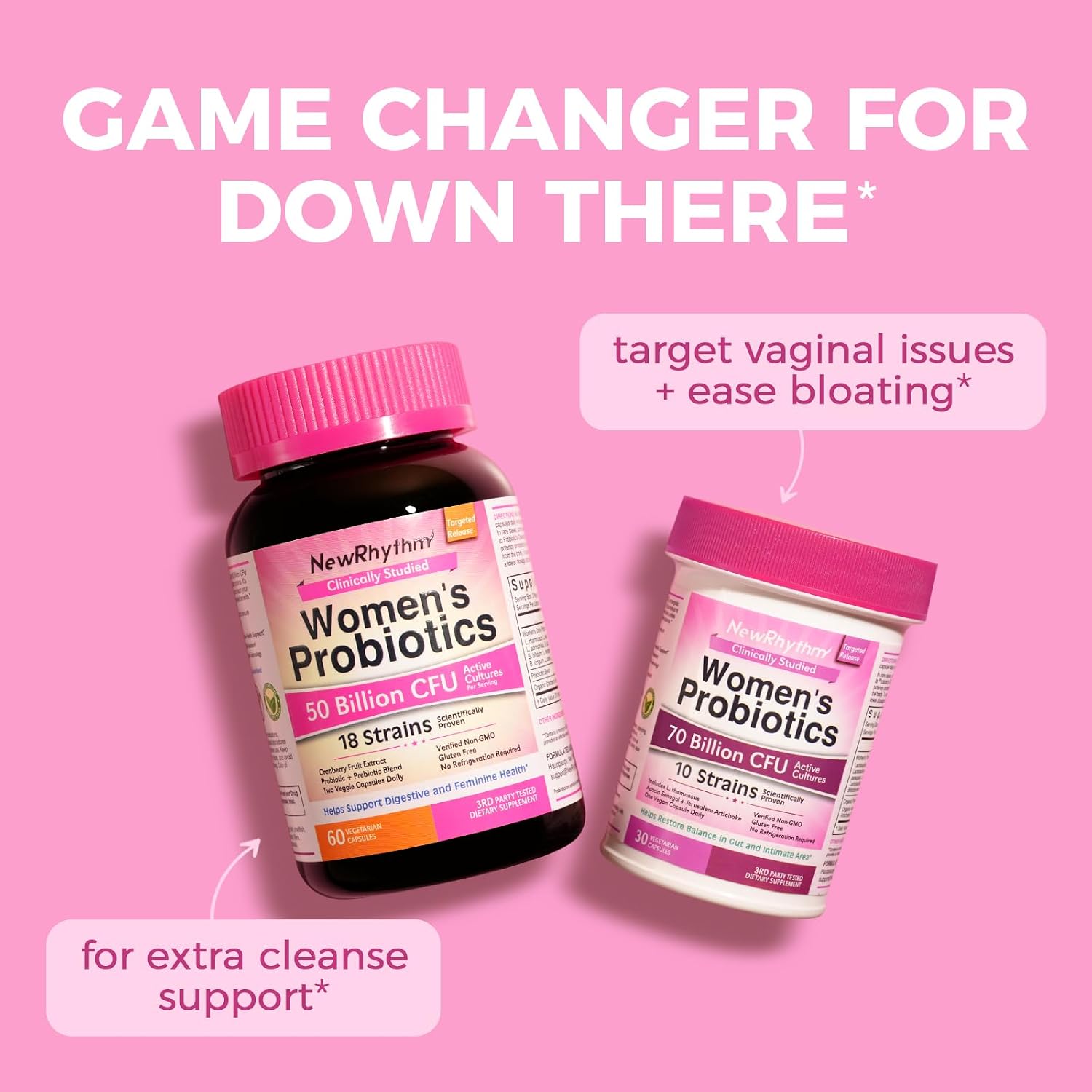 NewRhythm Women’s Probiotics Bundle, Women's Probiotics 50 Billion CFU & Women's Probiotics 70 Billion CFU, Daily Gut Support & Feminine Care, Vaginal & Urinary Health (Pack of 2)