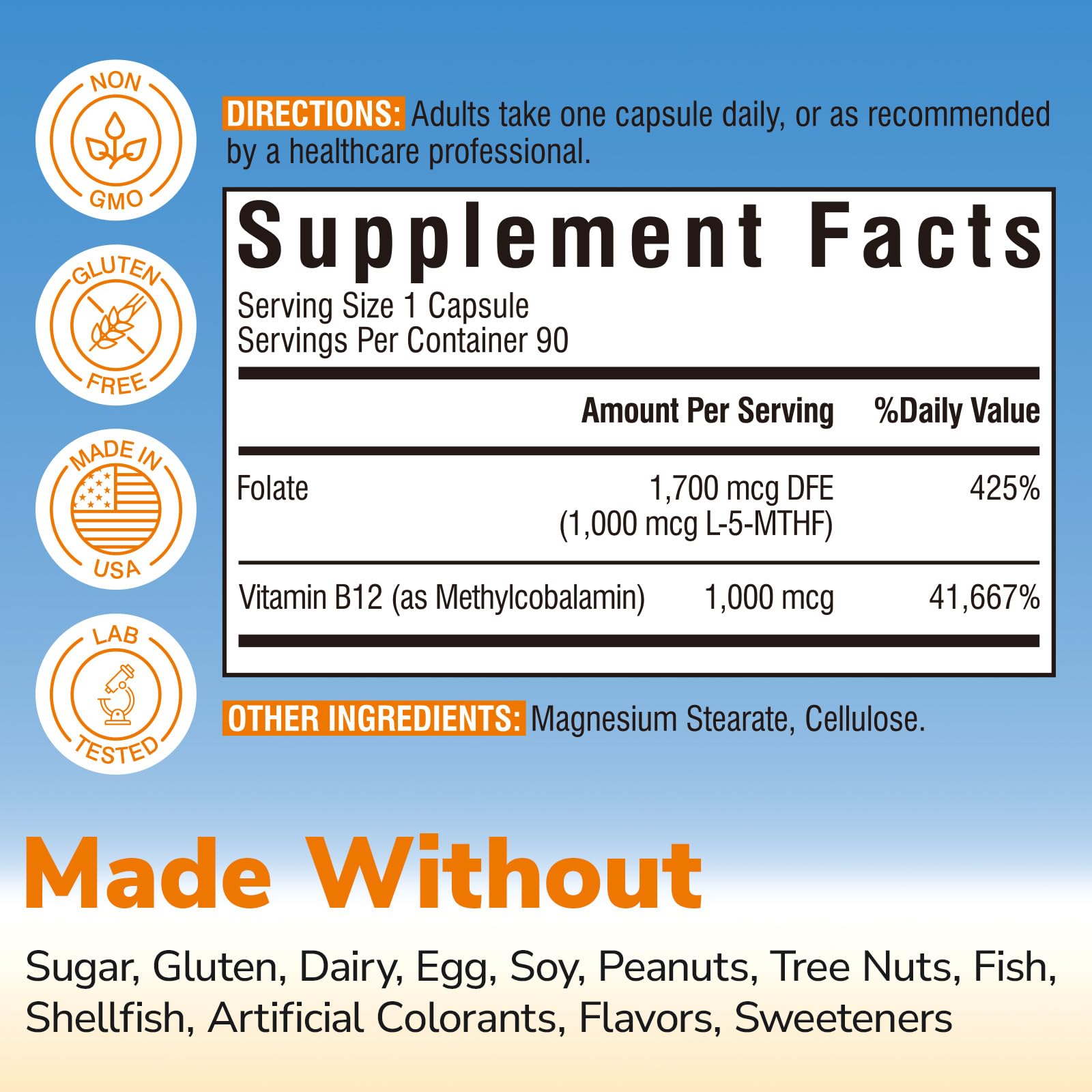 Vitalibre Methyl Folate 1000 mcg, L-5-MTHF with Methylcobalamin B12, Heart & Blood Health, Healthy Nervous System, Energy Support, Vegan, Bioactive Form, Best Absorption, 60 Capsules