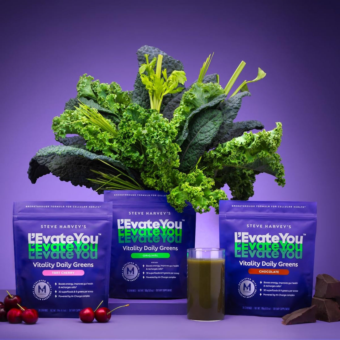 Purple package of L'Evate You Vitality Daily Greens on a white background
