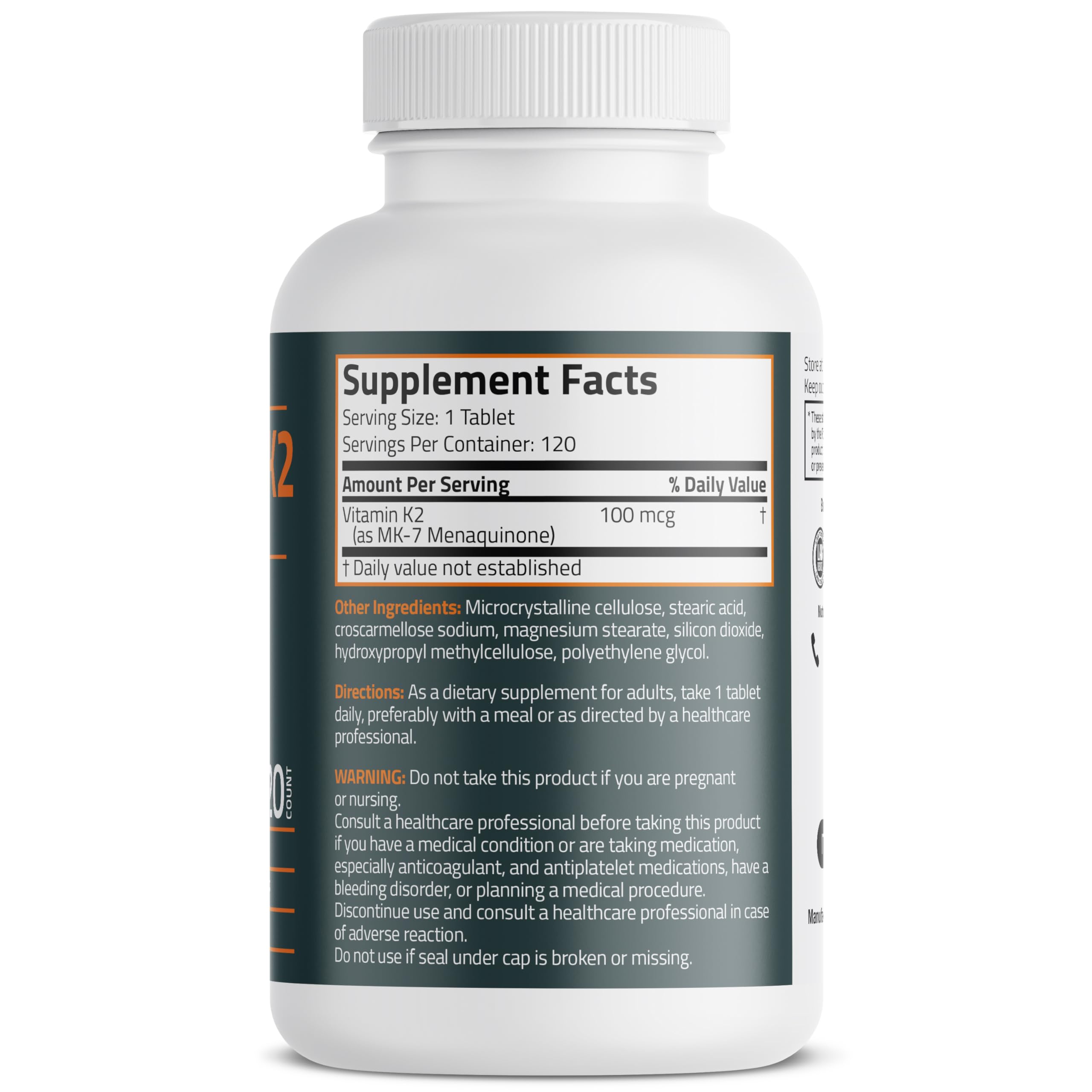 Bronson Vitamin K2 MK-7 100 MCG, K2 as MK7 Menaquinone, Bone Support Non-GMO, 120 Tablets