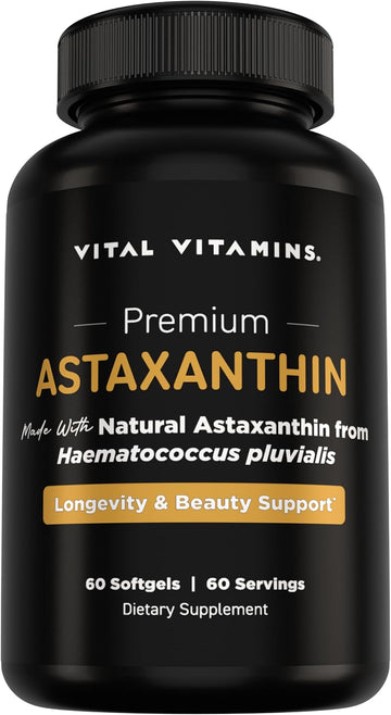 Vital Vitamins Astaxanthin 12mg Softgels for Skin Hydration & Elasticity | Natural Astaxanthin from Microalgae, Antioxidant Protection for Skin, Eyes & Exercise Recovery, Vegan, 60 Softgels