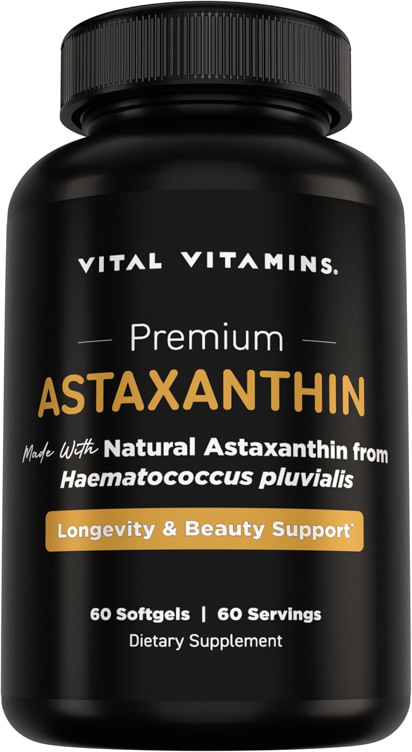 Vital Vitamins Astaxanthin 12mg Softgels for Skin Hydration & Elasticity | Natural Astaxanthin from Microalgae, Antioxidant Protection for Skin, Eyes & Exercise Recovery, Vegan, 60 Softgels