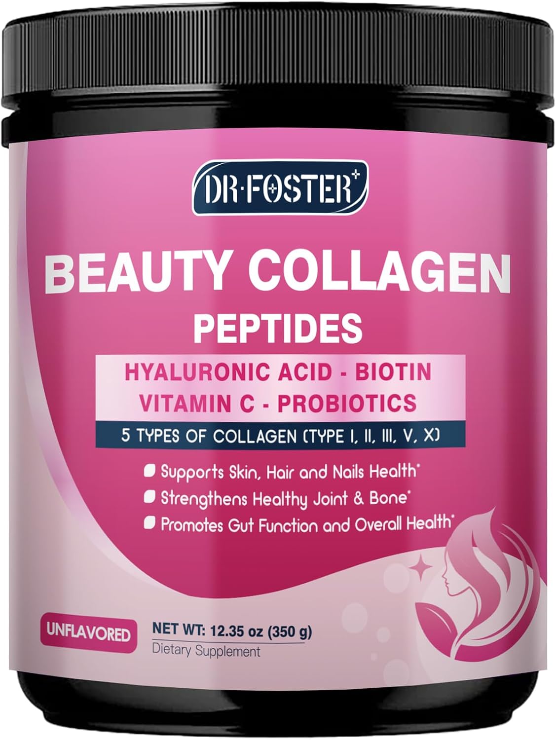 DRFOSTER Multi Collagen Peptides Powder with Beauty Complex, 35 Servings | Type I, II, III, V, X, Hydrolyzed Collagen Powder with Vitamin C & Biotin for Skin Hair Nail Joint for Women, Non-GMO